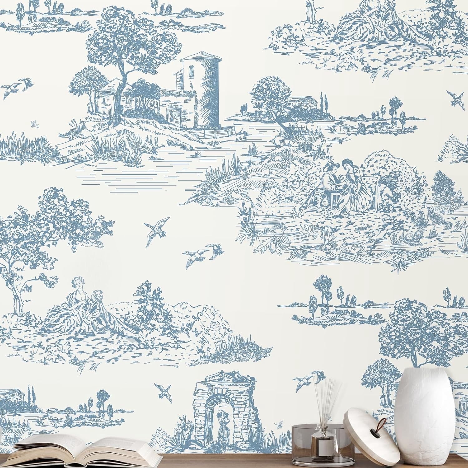 DAZLUTE Peel and Stick Wallpaper, Removable Self-Adhesive Mural Contact Paper for Home Decor (Blue and White, 17.7 in x 394 in) ws0sh
