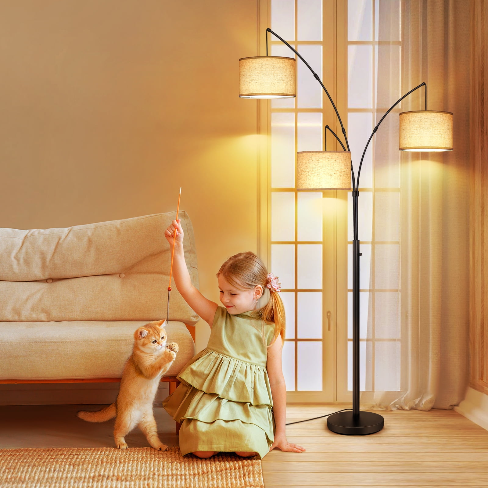 Outon 3-Light Arc Floor Lamp, Modern Standing Lamp with Linen Shades, Adjustable Multi-Directional Lighting for Living Room and Bedroom (Black, 80 in) h8x18