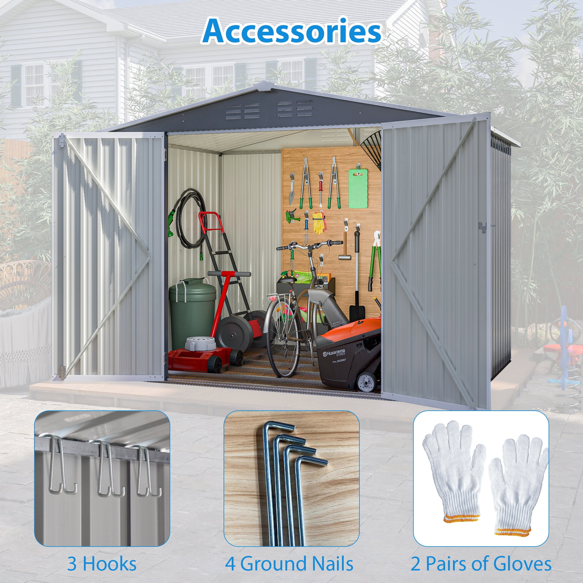 LIVIVOX Outdoor Garden Storage Shed with Lockable Doors and Air Vents (Grey, 8 x 6 ft) 131j3