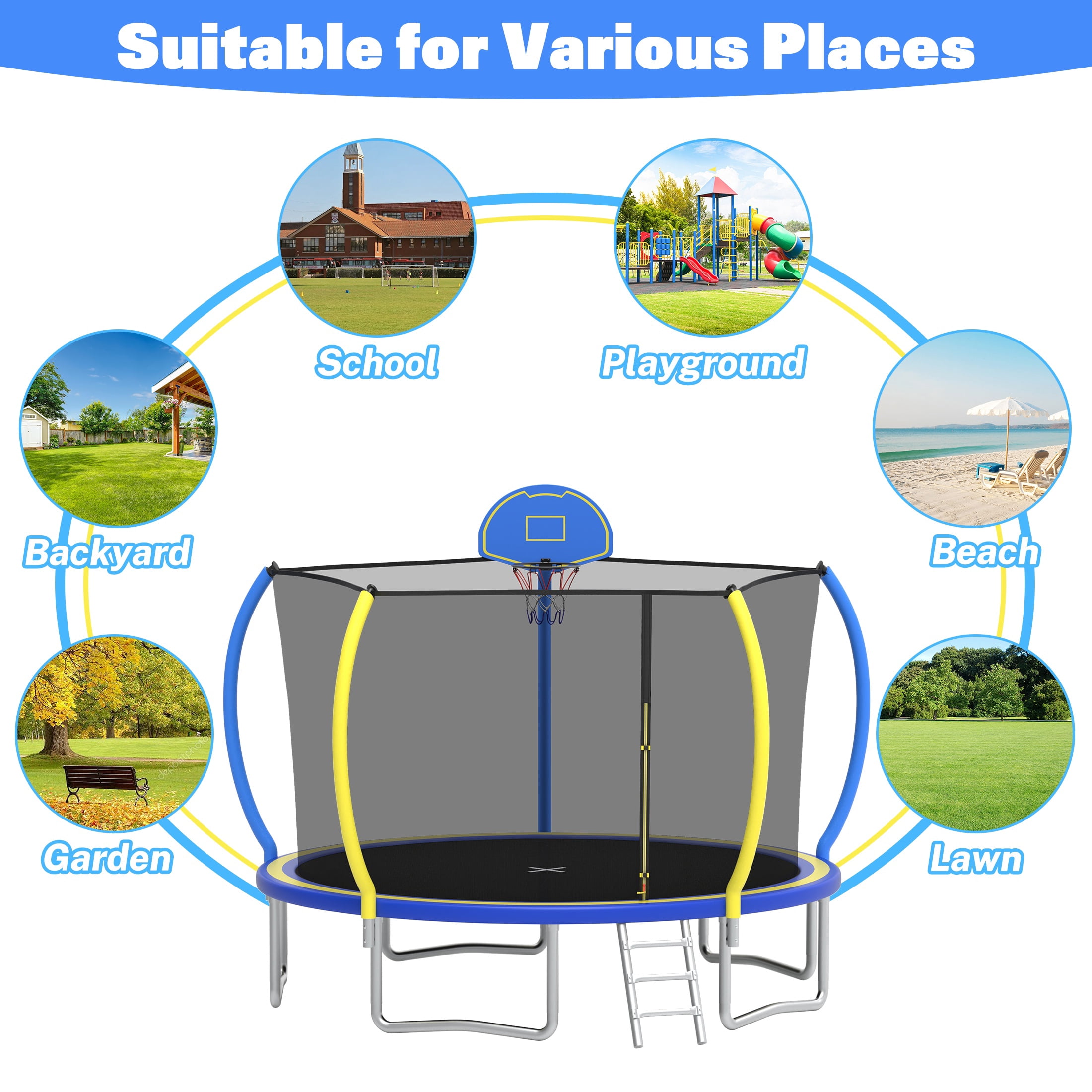 Segmart 12 ft Round Outdoor Trampoline with Enclosure Net and Ladder (Blue, 12 ft) dpdol