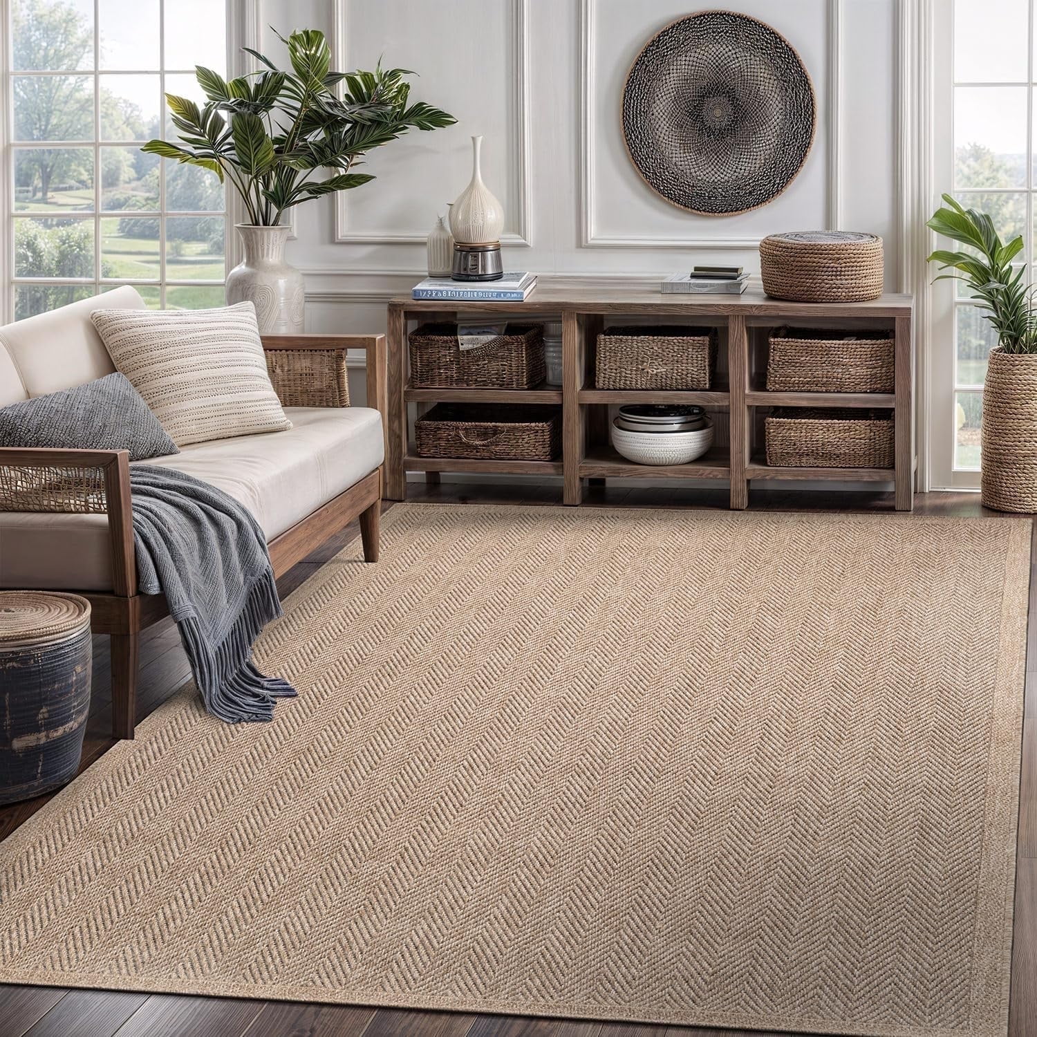 CAMILSON Herringbone Area Rug Indoor Outdoor Farmhouse Style (Natural, 9 ft x 12 ft) muvm3