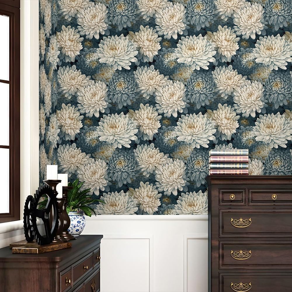 Usachibb Floral Peel and Stick Wallpaper Vintage Navy Botanical Contact Paper for Furniture and Walls (White, 17.7 in x 118.1 in) 80m28