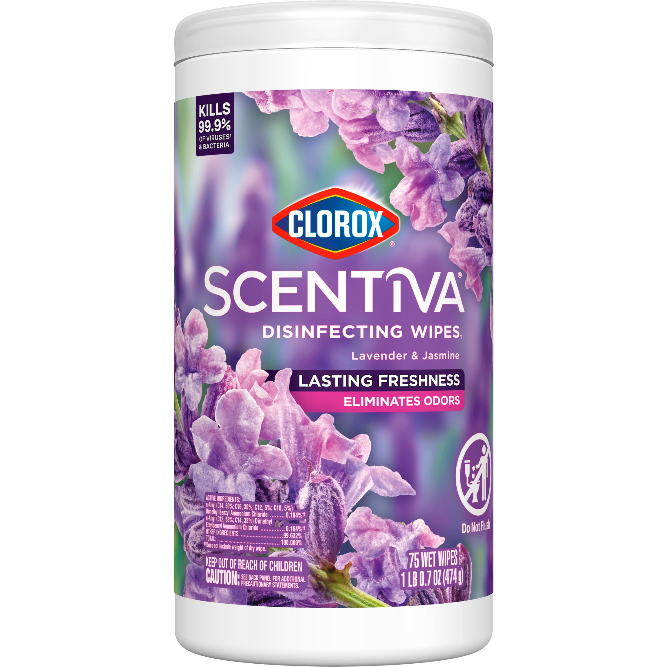 Clorox Scentiva Disinfecting Wipes, Lavender and Jasmine, Multi-Surface Cleaning (White, 75 Count) 2ttls