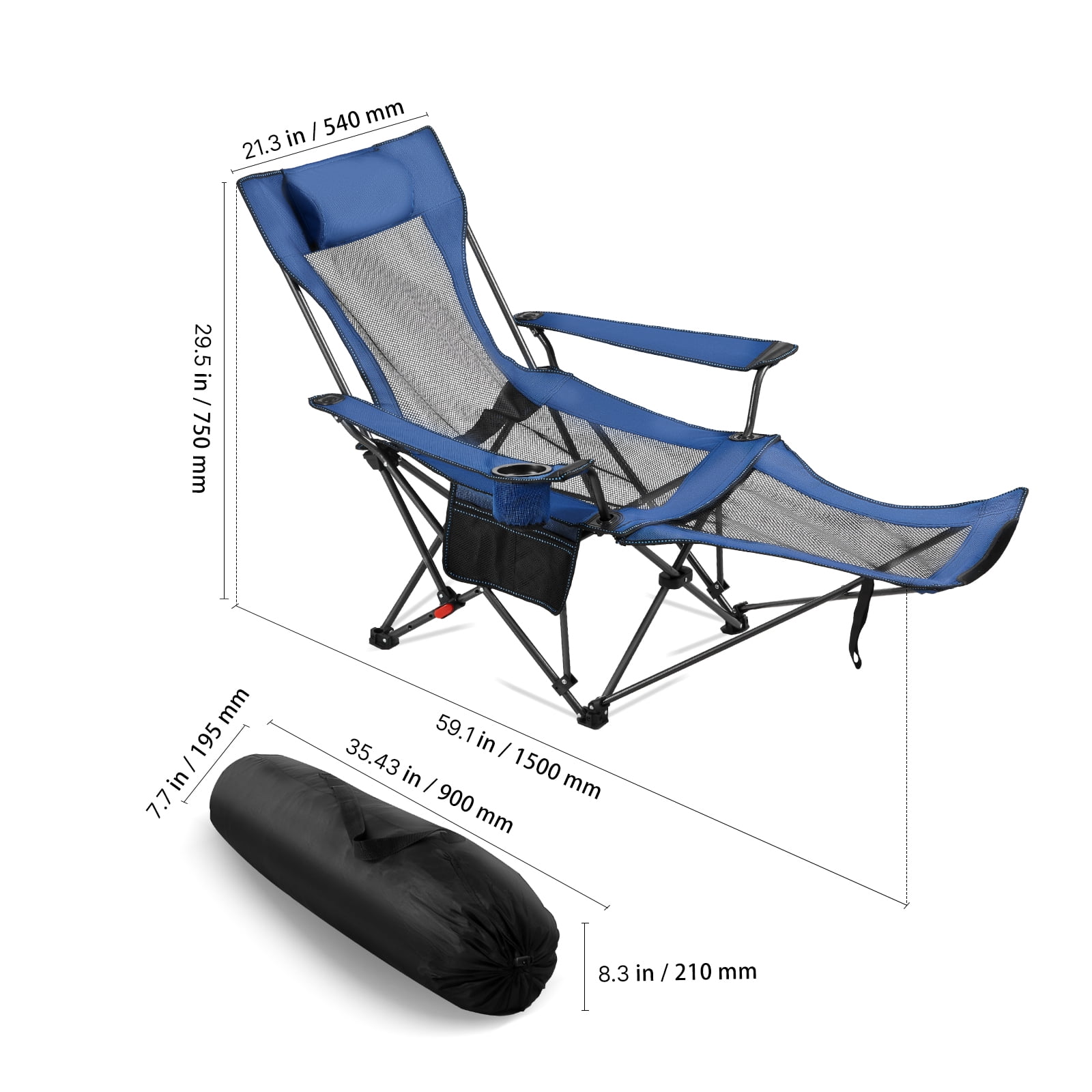 VEVOR Reclining Camping Chair, Portable Folding Lounger with Headrest and Foot Rest (Blue, 220 lb Capacity) q3ppj