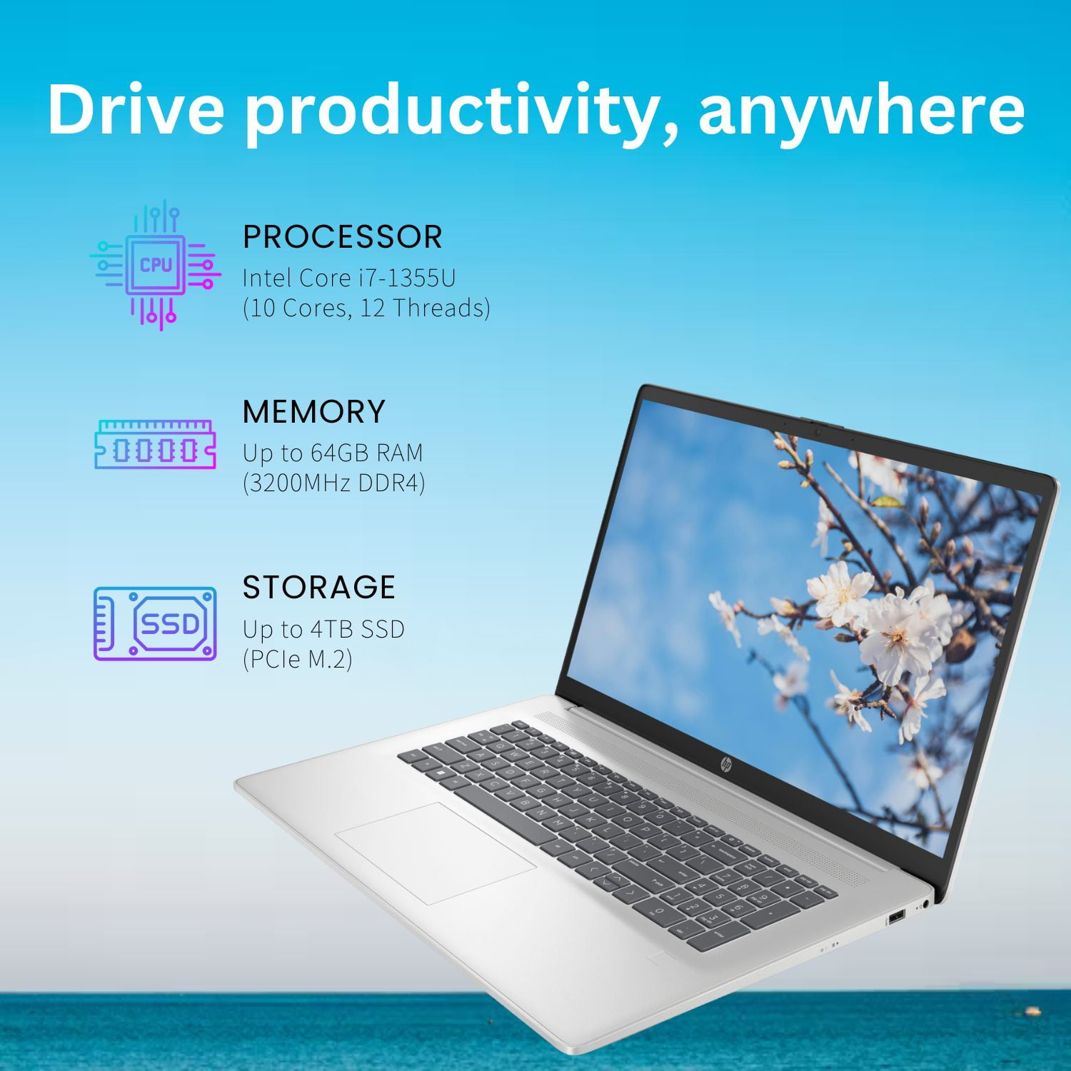 HP Essential 17t Laptop (Silver, 17.3 in, 32GB RAM, 1TB SSD, Intel Core i7-1355U, Windows 11 Home) rkpob