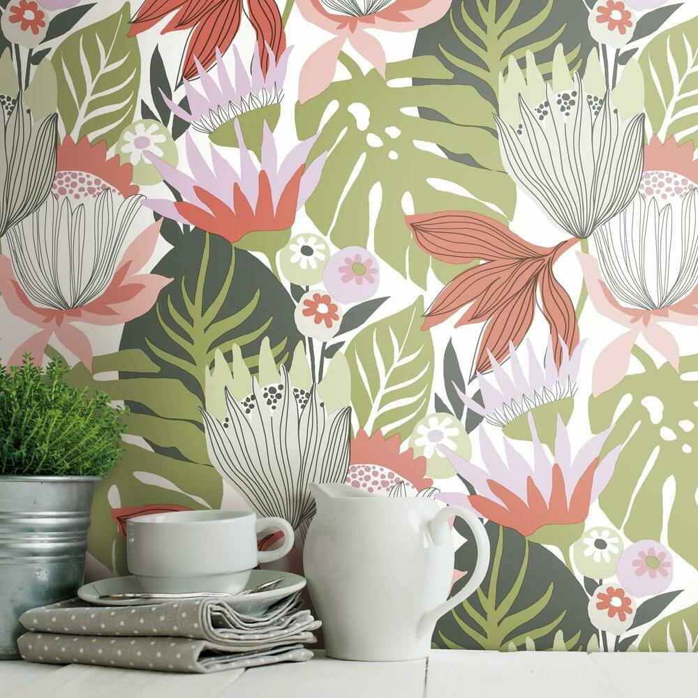 RoomMates Retro Tropical Leaves Peel and Stick Wallpaper (Pink, 20.5 in x 16.5 ft) jncuq