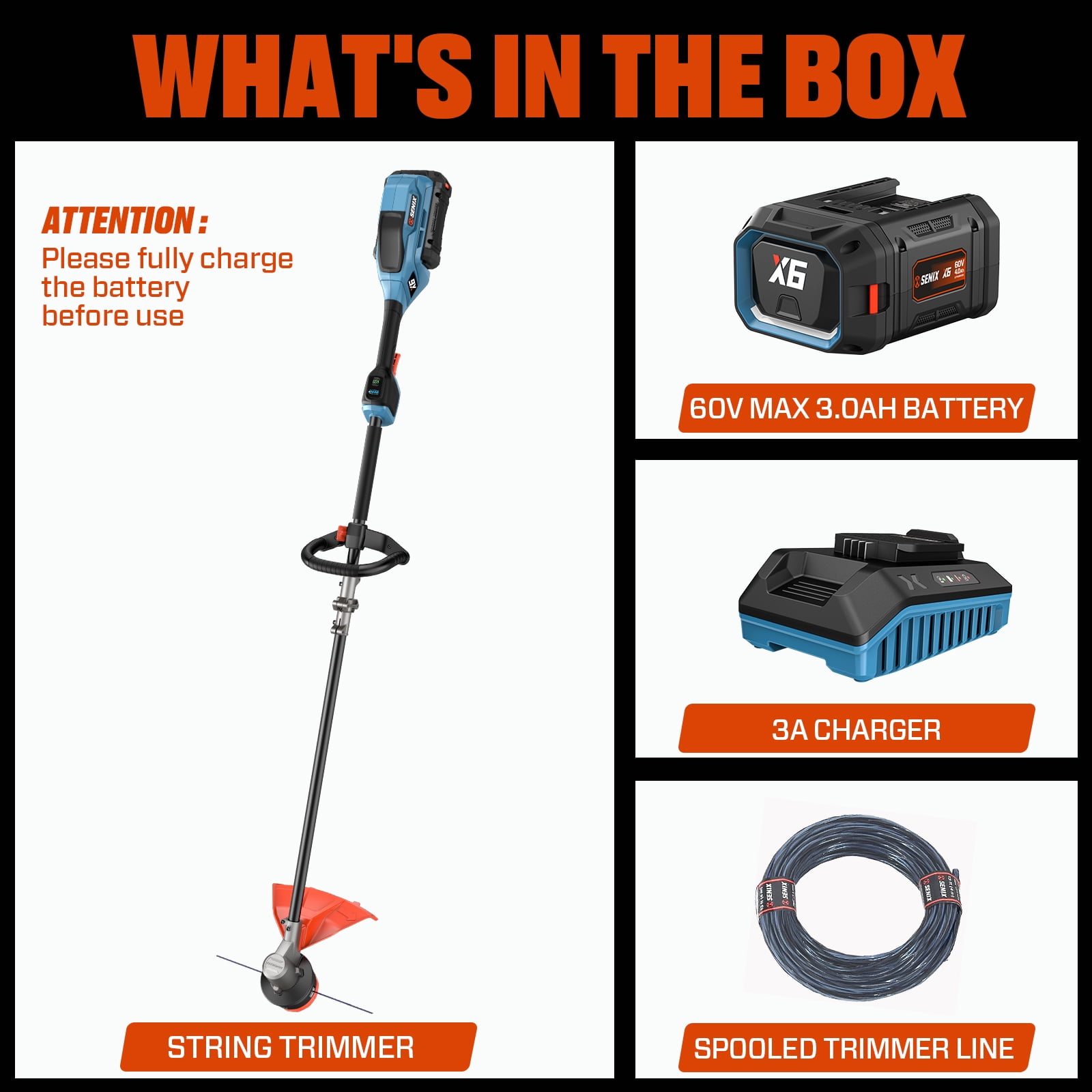 Senix 60V Brushless String Trimmer with 3Ah Battery and 3A Charger (16 in, 7.5 lb) hmwkx