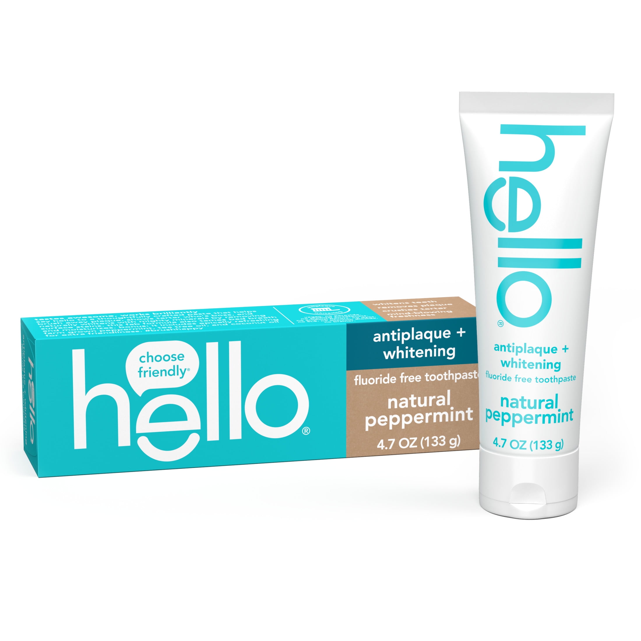Hello Antiplaque and Whitening Fluoride Free Toothpaste, Natural Peppermint (4.7 oz) 70by1