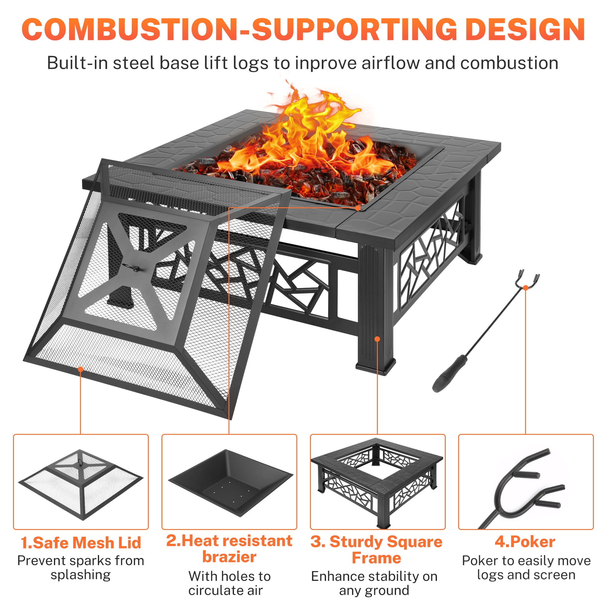 Segmart 32 in Square Outdoor Fire Pit with Spark Screen and Lid (Black, 32 in) 6juqy