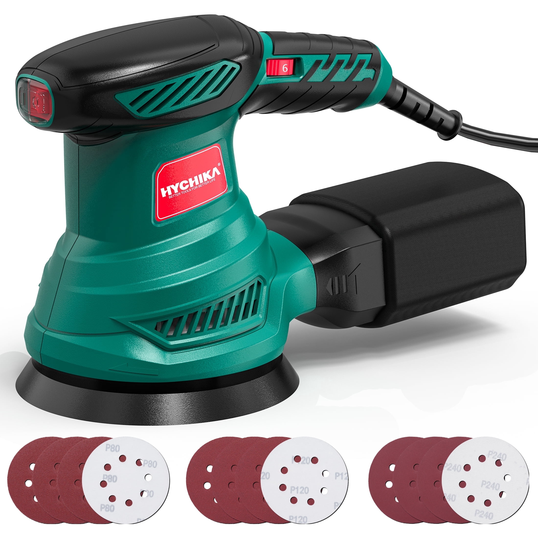 HYCHIKA 5-inch Random Orbital Sander, 6-Speed Variable Control with 12 Sanding Discs (5 in) qrq4l