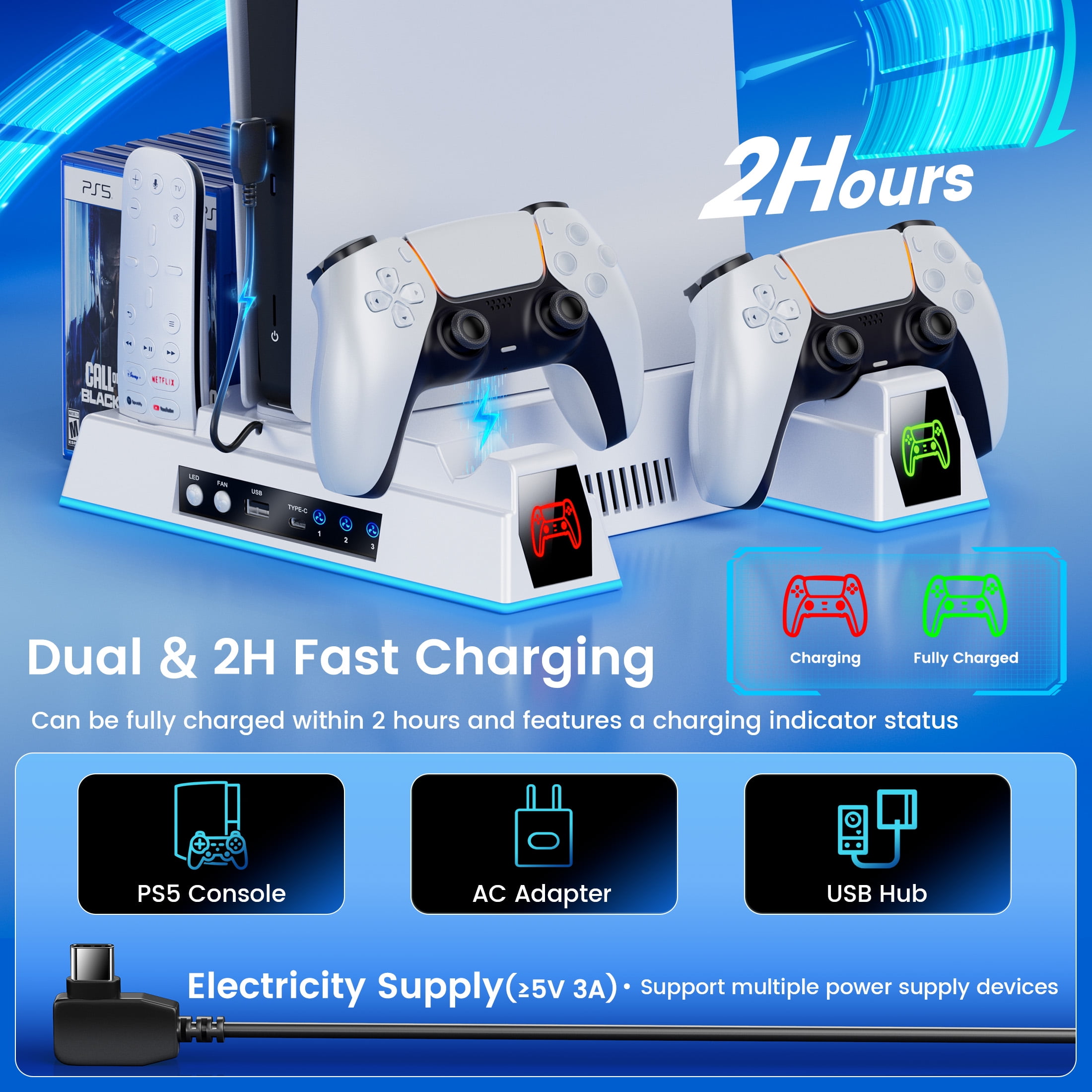 Esywen PS5 Cooling Stand with Dual Controller Charging Dock (White, 1 Pack) 18f2k