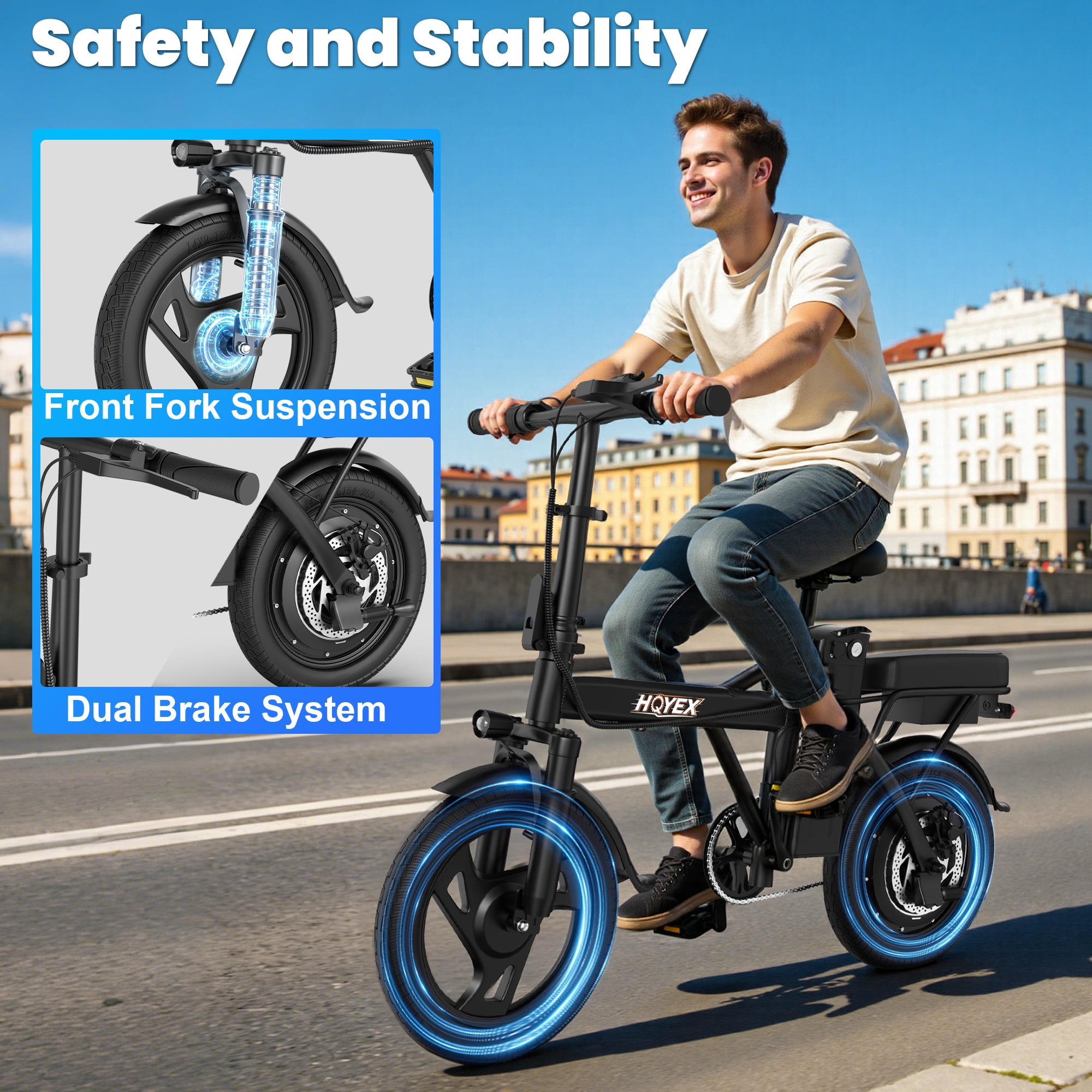 HQYEX HQ14PRO 500W Electric Bicycle, Fat Tire Ebike with 48V 9Ah Battery, 22MPH Max Speed, Dual Brakes & Full Suspension (Black, 14 in) r6hz9