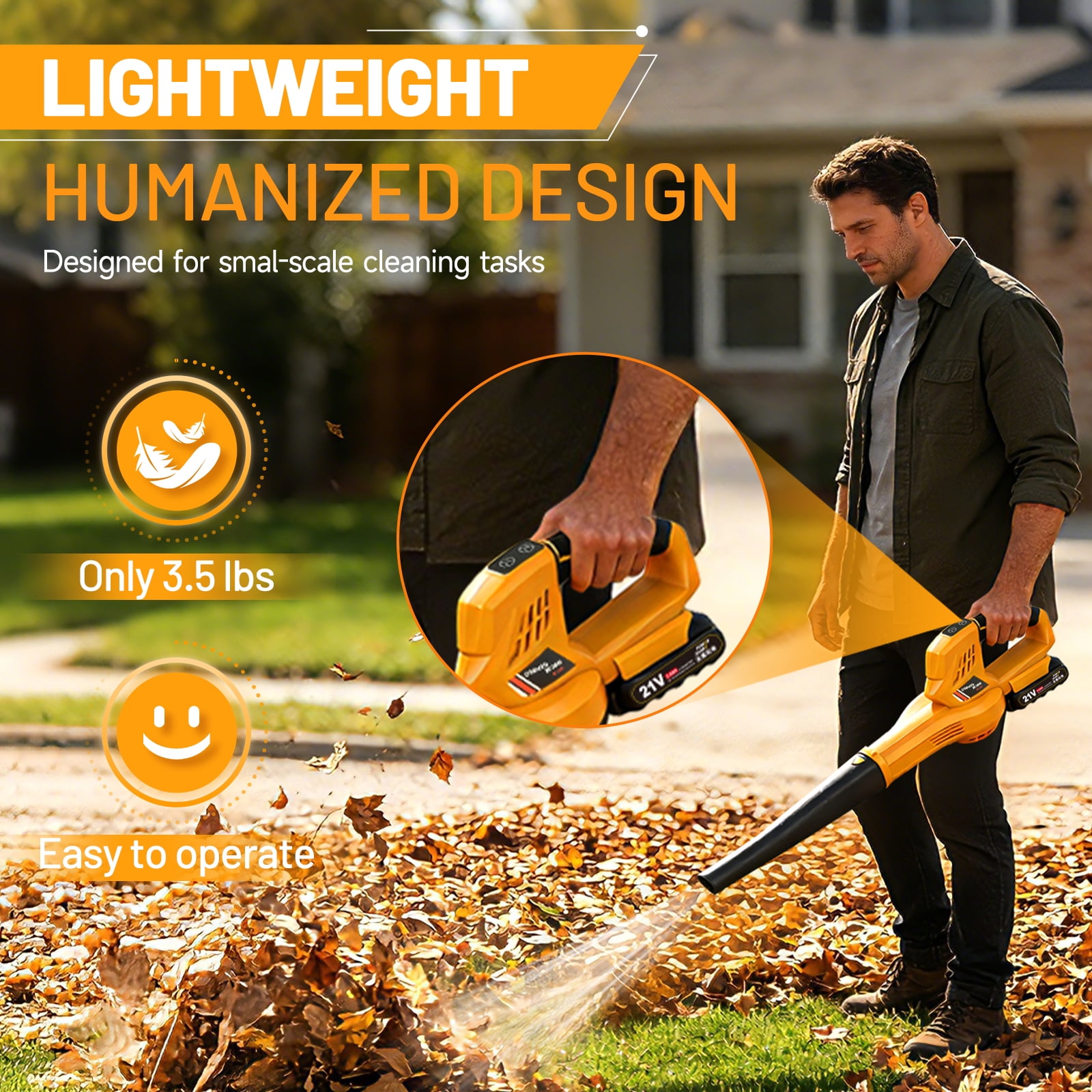 BAOKALER Cordless Leaf Blower, 6-Speed Electric Sweeper with 2 Batteries (Yellow, 3.5 lb) sw07u