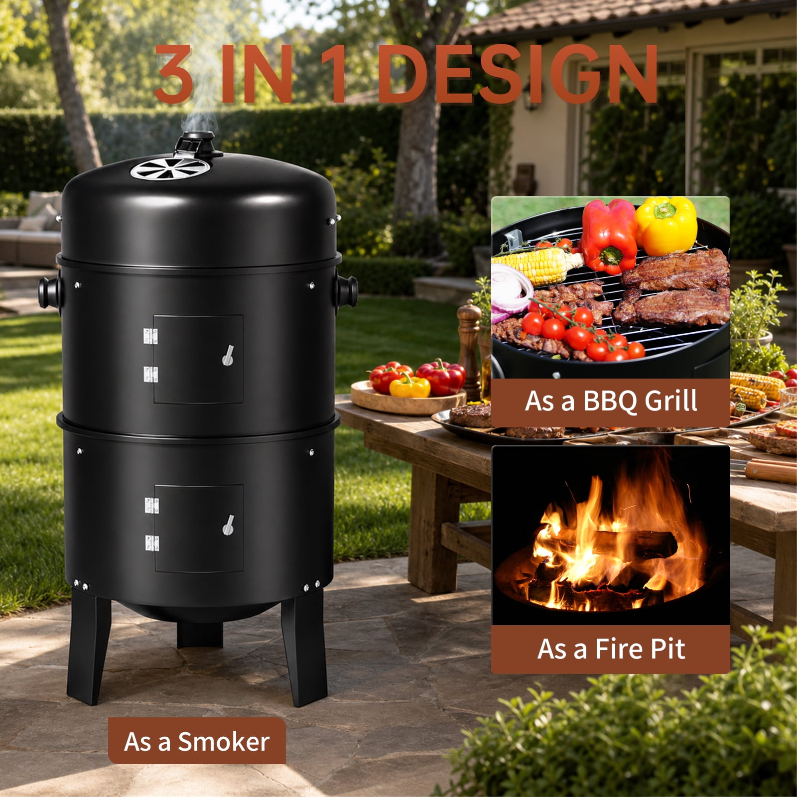 KingChii 3-in-1 Vertical Charcoal Smoker Grill (Black, 20.5 in x 16 in x 32 in) 356yc