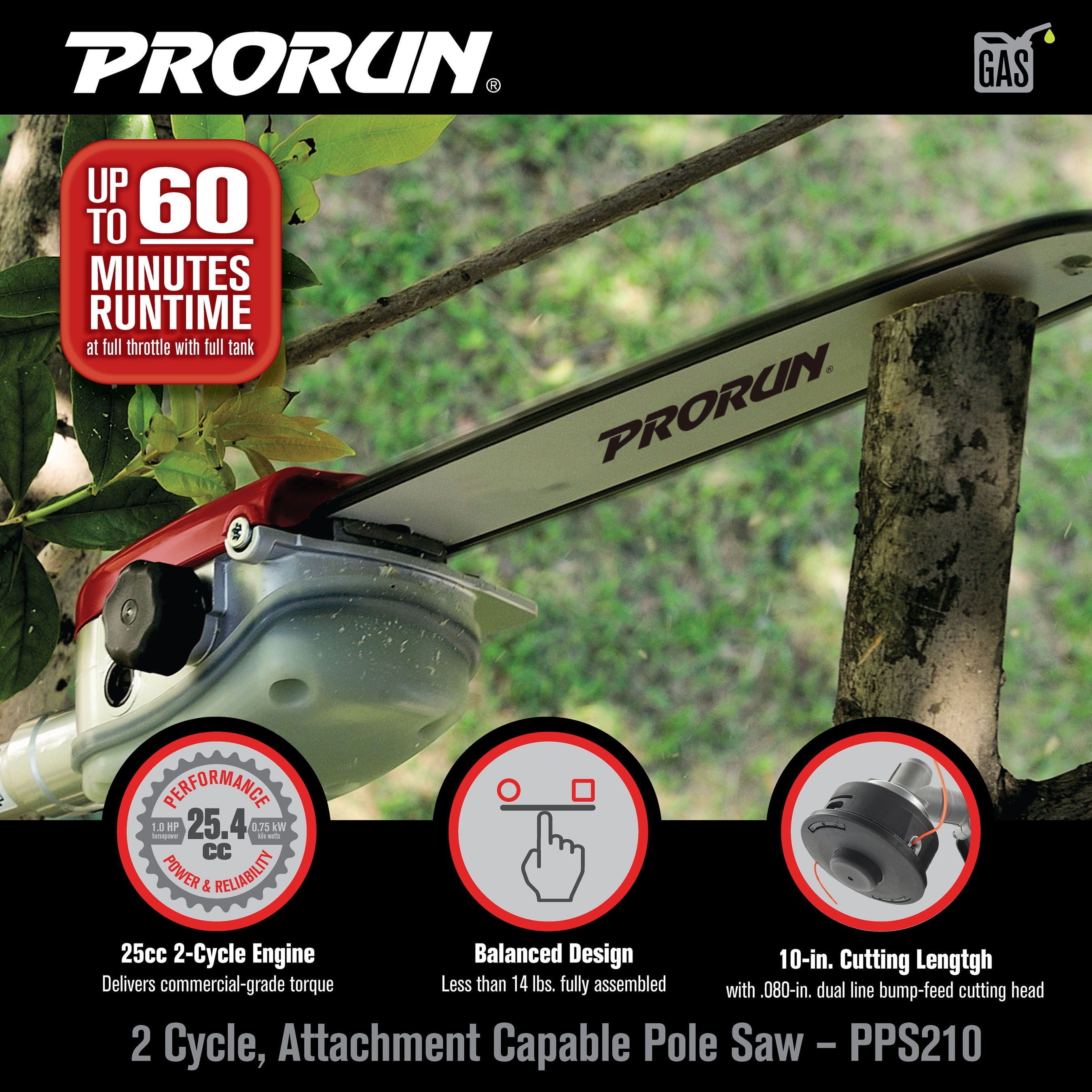 PRORUN 25.4cc Gas-Powered Pole Saw, 2-Cycle Engine, 10-in. Bar (10 ft Reach) oo0ak