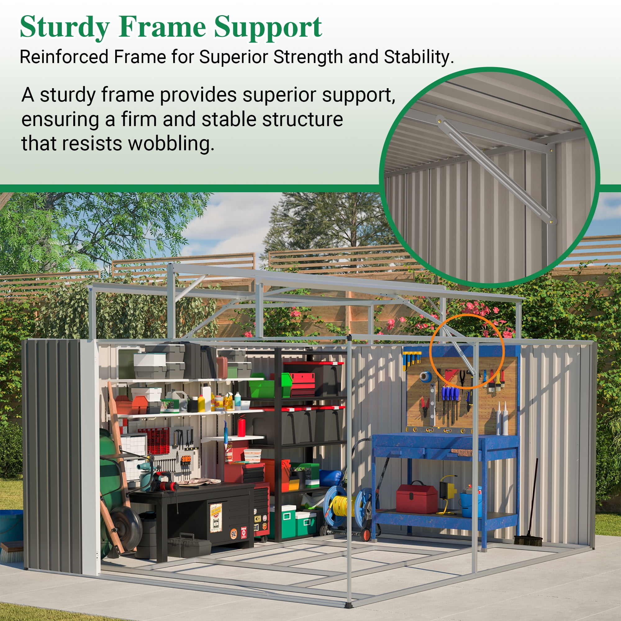 LZBEITEM Metal Outdoor Storage Shed with Floor Frame Kit, Heavy-Duty Garden Tool Shed with Lockable Door and Window (Grey, 10 ft x 12 ft) zqgpg