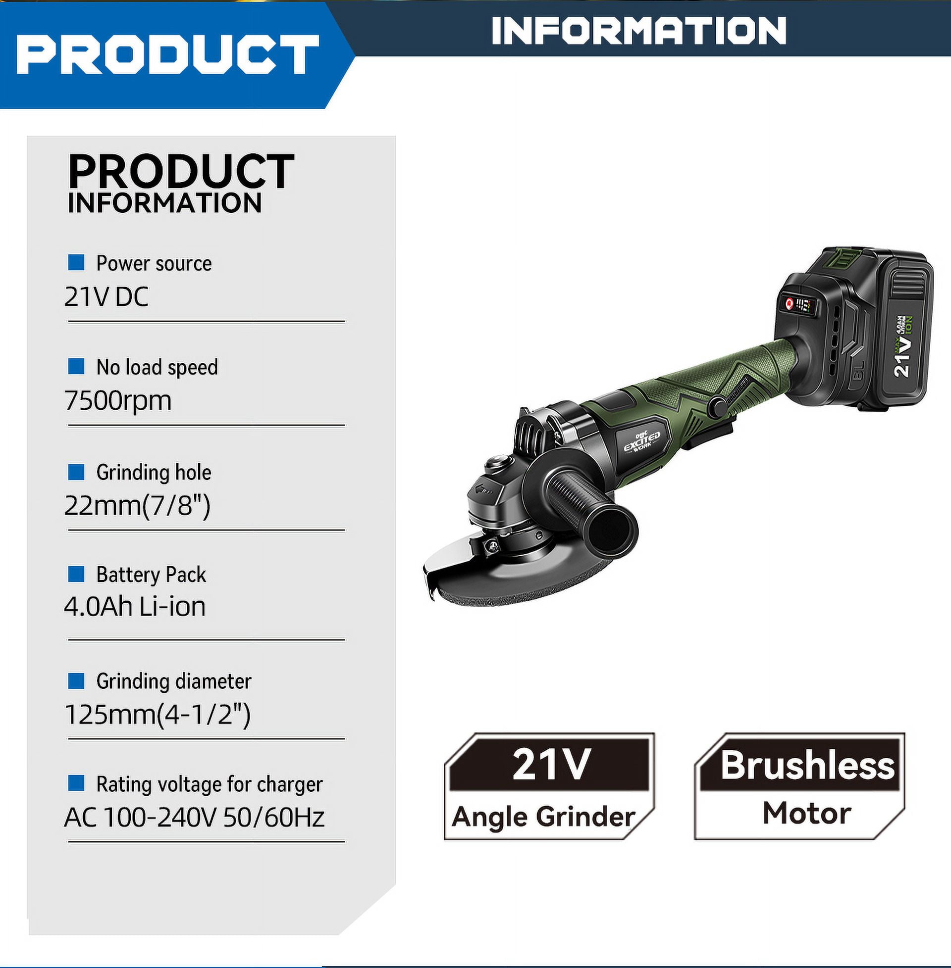 EXCITED WORK 21V Cordless Angle Grinder, Brushless Electric Metal Cutting Tool with 2 Batteries and Fast Charger (Green, 4.5 in) ikliu