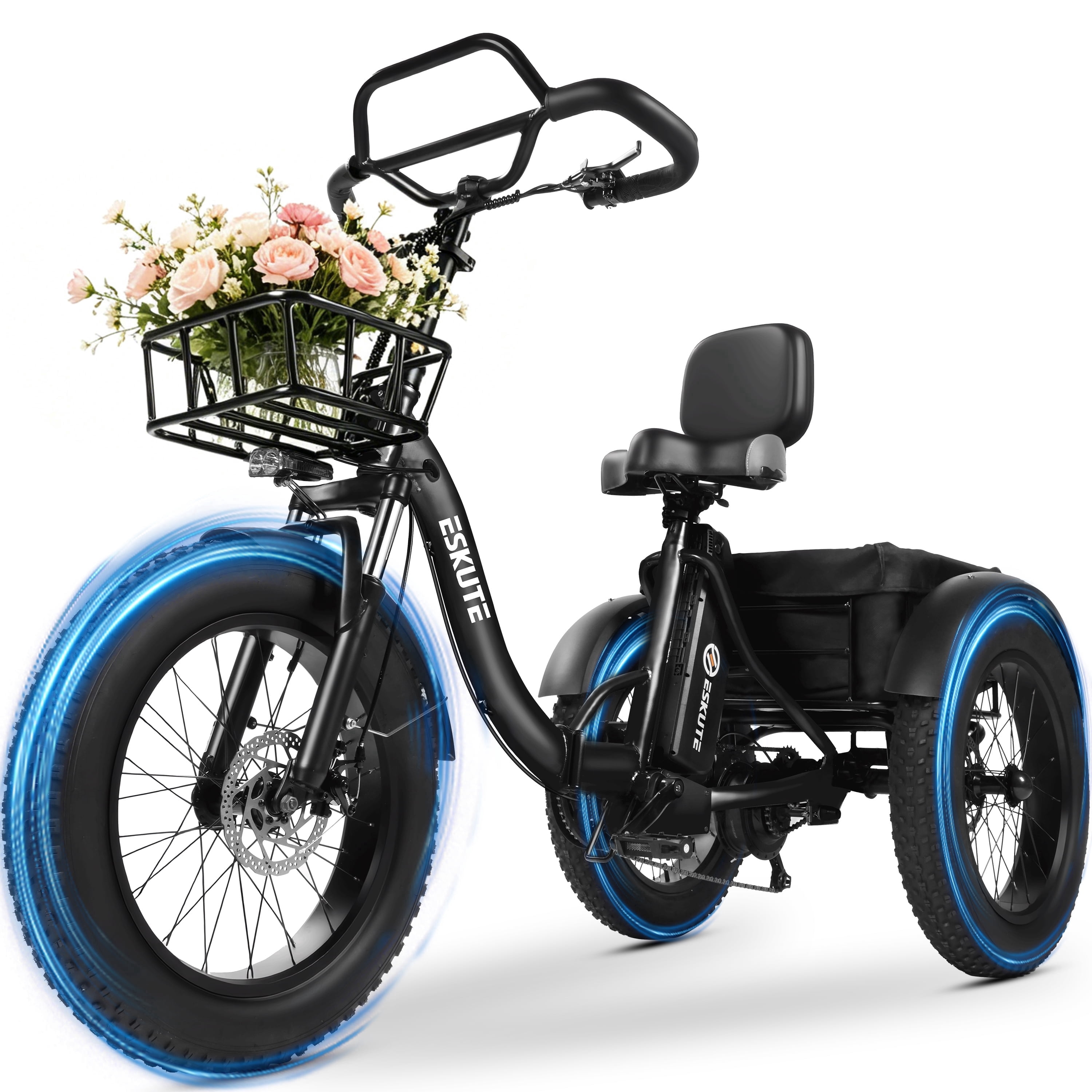 ESKUTE Foldable Electric Trike for Adults, 749W Motor, 998.4Wh Battery, 20 in x 4 in Fat Tires, Stable Three-Wheel Design (Black) 2j16u