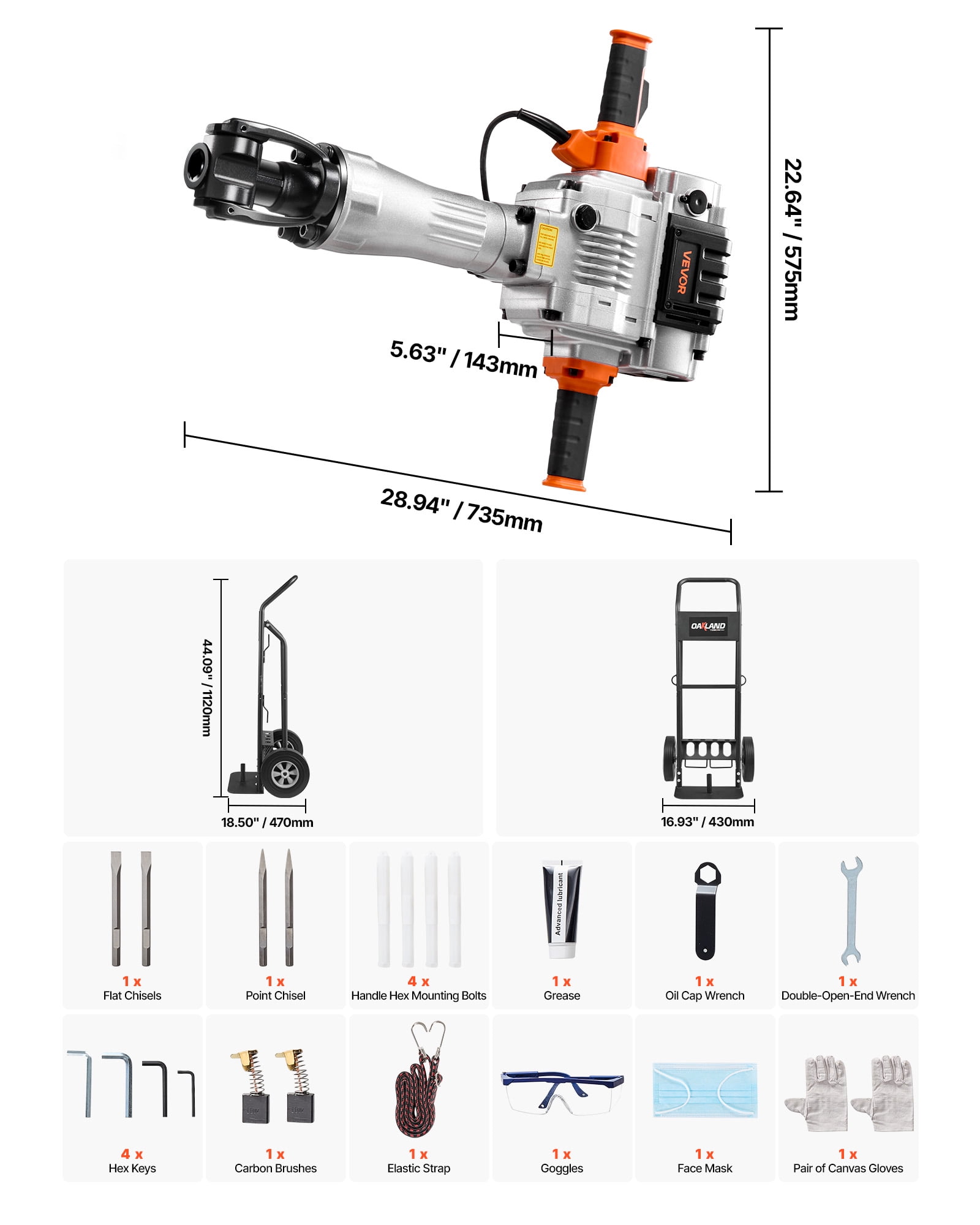 VEVOR Electric Demolition Jack Hammer, Heavy-Duty Concrete Breaker with 4 Chisels and Hand Trolley (2100 W) qf37n