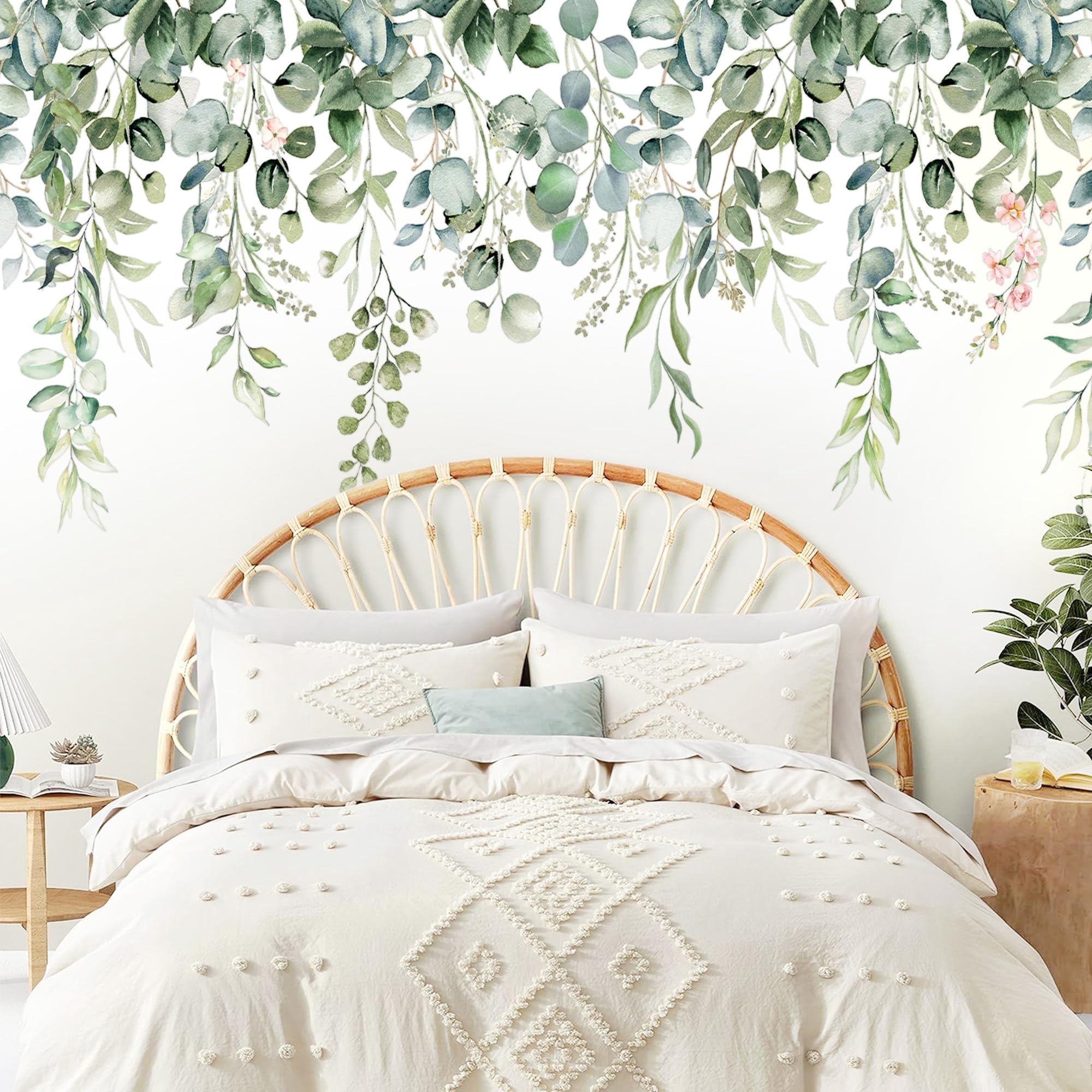Neasyth Watercolor Floral Wall Decals, Peel and Stick Hanging Leaf Plant Giant Wall Stickers for Bedroom and Living Room (Green, 3 Sheets) nkj7n