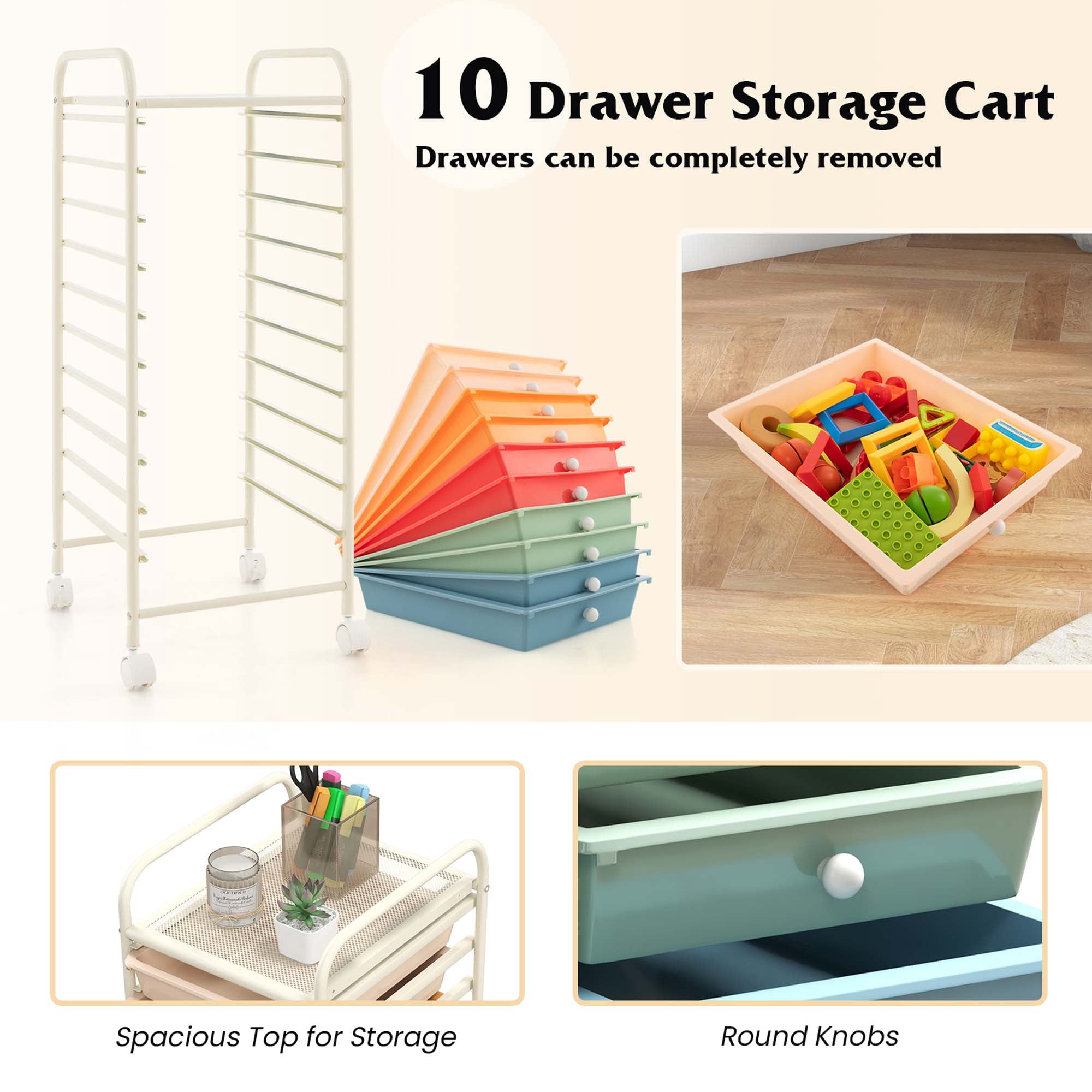Costway 10 Drawer Rolling Storage Cart Mobile Organizer for Office School and Crafts (Macaron, 13 in x 15 in x 34 in) 5j3gh