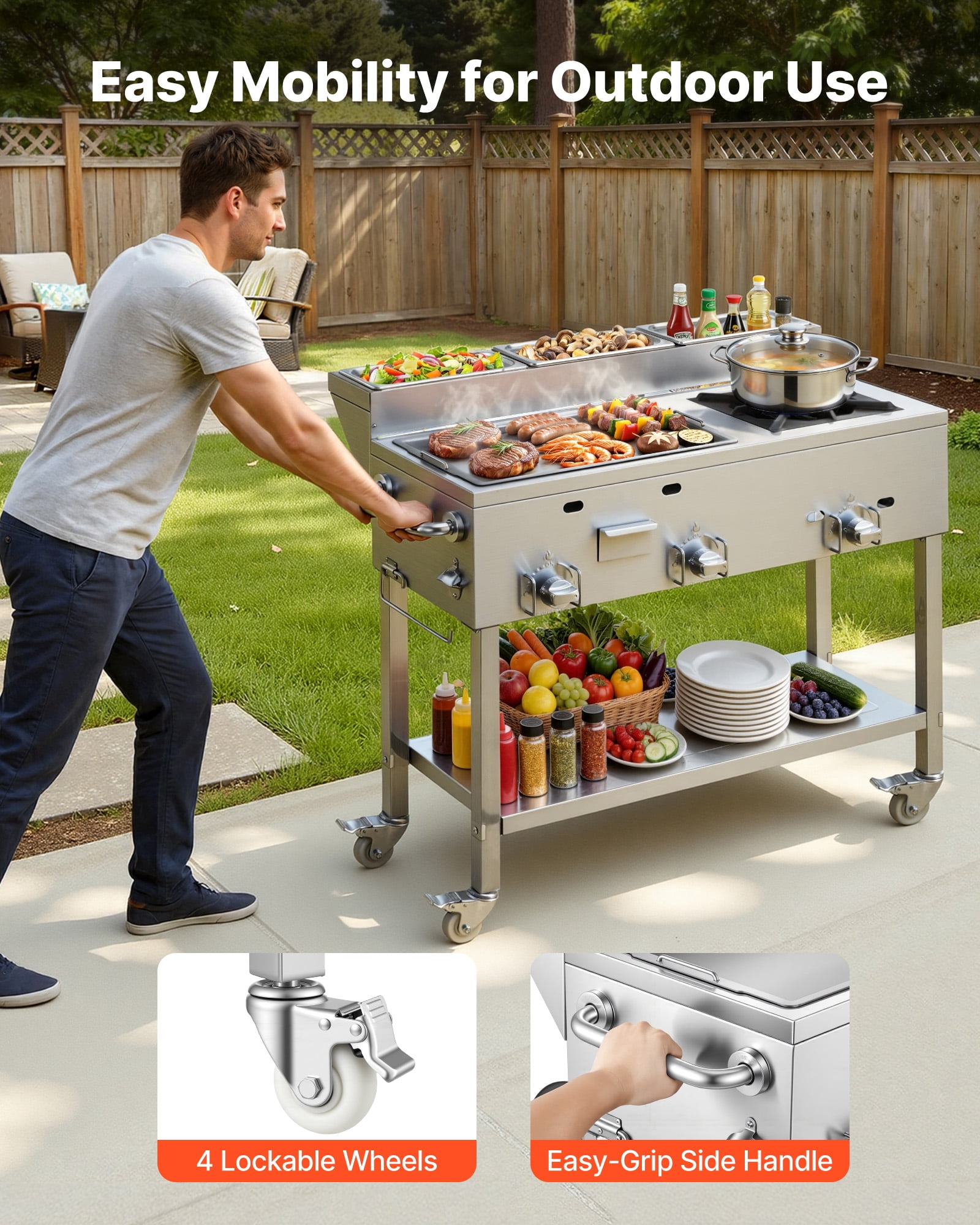 VEVOR Outdoor Propane Griddle, 3-Burner Commercial Stainless Steel Cooking Cart with Wheels and 3 Food Pans 2kqvv