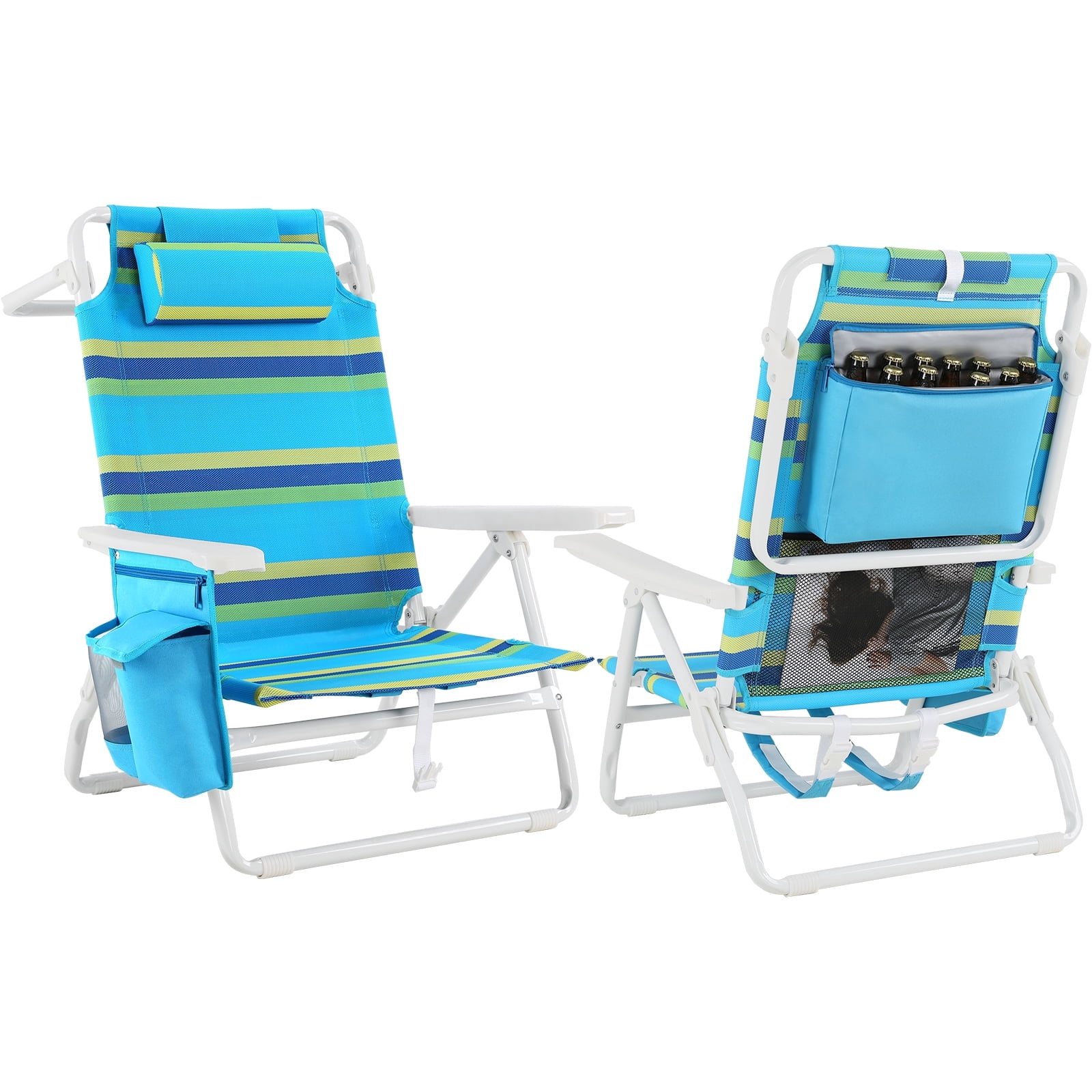 TLSUNNY 5-Position Folding Beach Chair with Cooler Pouch and Towel Bar (Green, 2 Pack) q1ay7