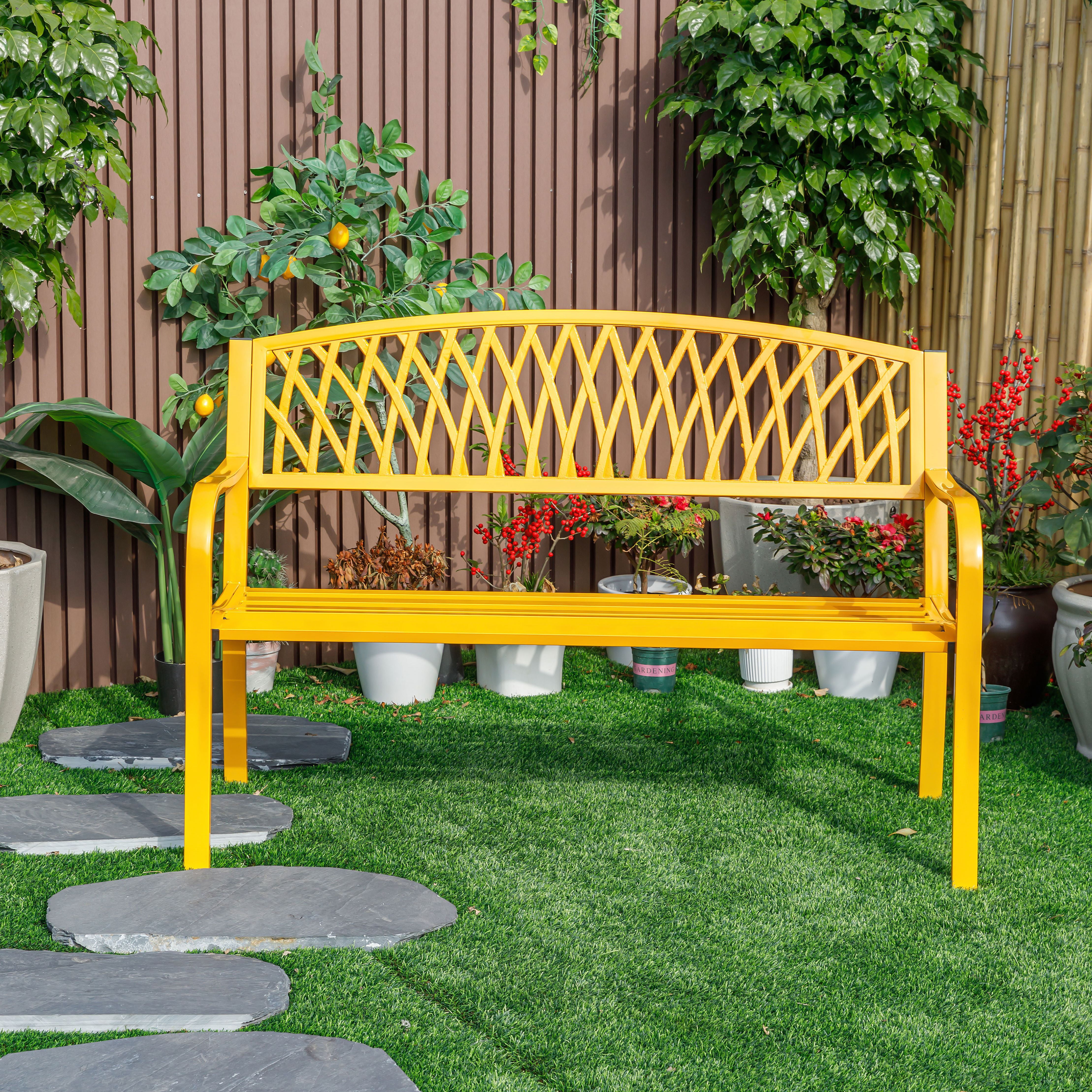 Hi-Line Gift Cast Iron Outdoor Garden Bench, Ergonomic Seating for Patio and Yard (Yellow, 50 in) mz81x
