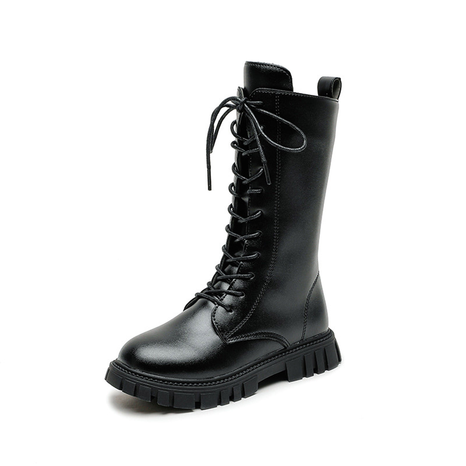 SZJXBUY Girls Combat Boots Mid Calf Lace Up Riding Shoes (Black, 4.5 US Big Kid) ra4hr