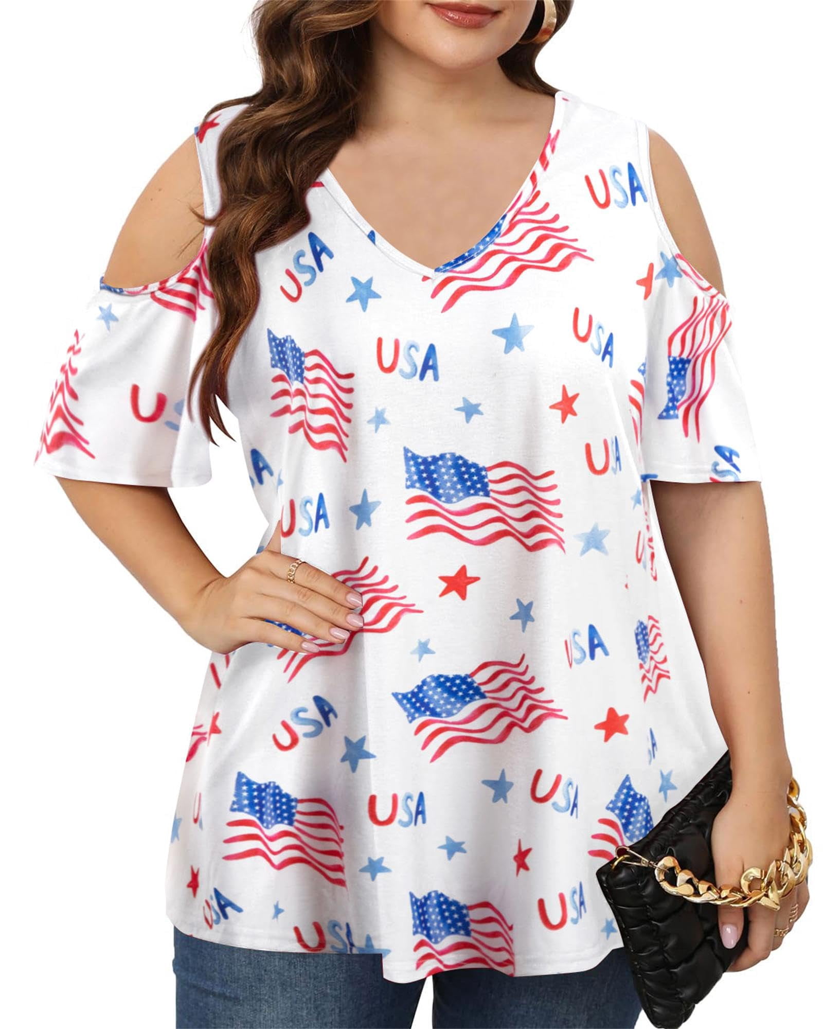DEXIO Women Plus Size American Flag V-Neck T-Shirt Patriotic Cold Shoulder Graphic Top (White, 2X) j0x5i