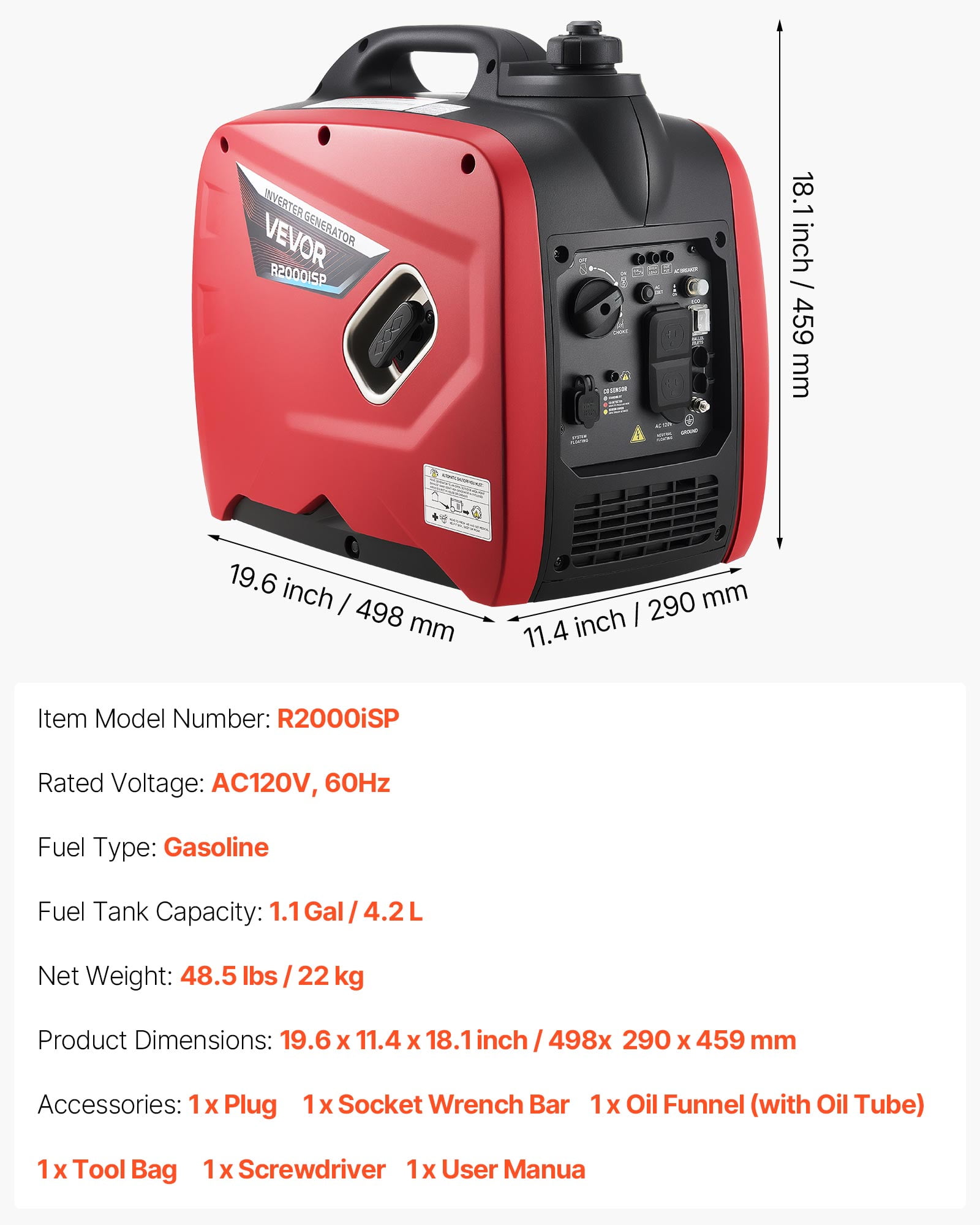 VEVOR Portable Inverter Generator, 2900W Peak Power Gas Powered Quiet Generator for Home and Camping (Orange/Black, 1.1 gal) 8ehr6