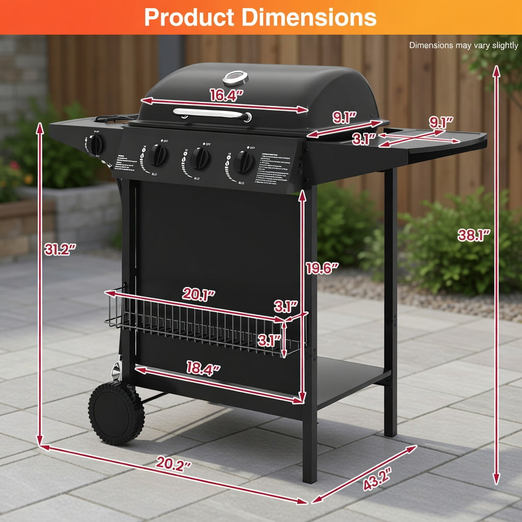 Kadyn 39,000 BTU Heavy-Duty Propane Gas Grill with Side Burner (Black, 4-Burner) dw8l6