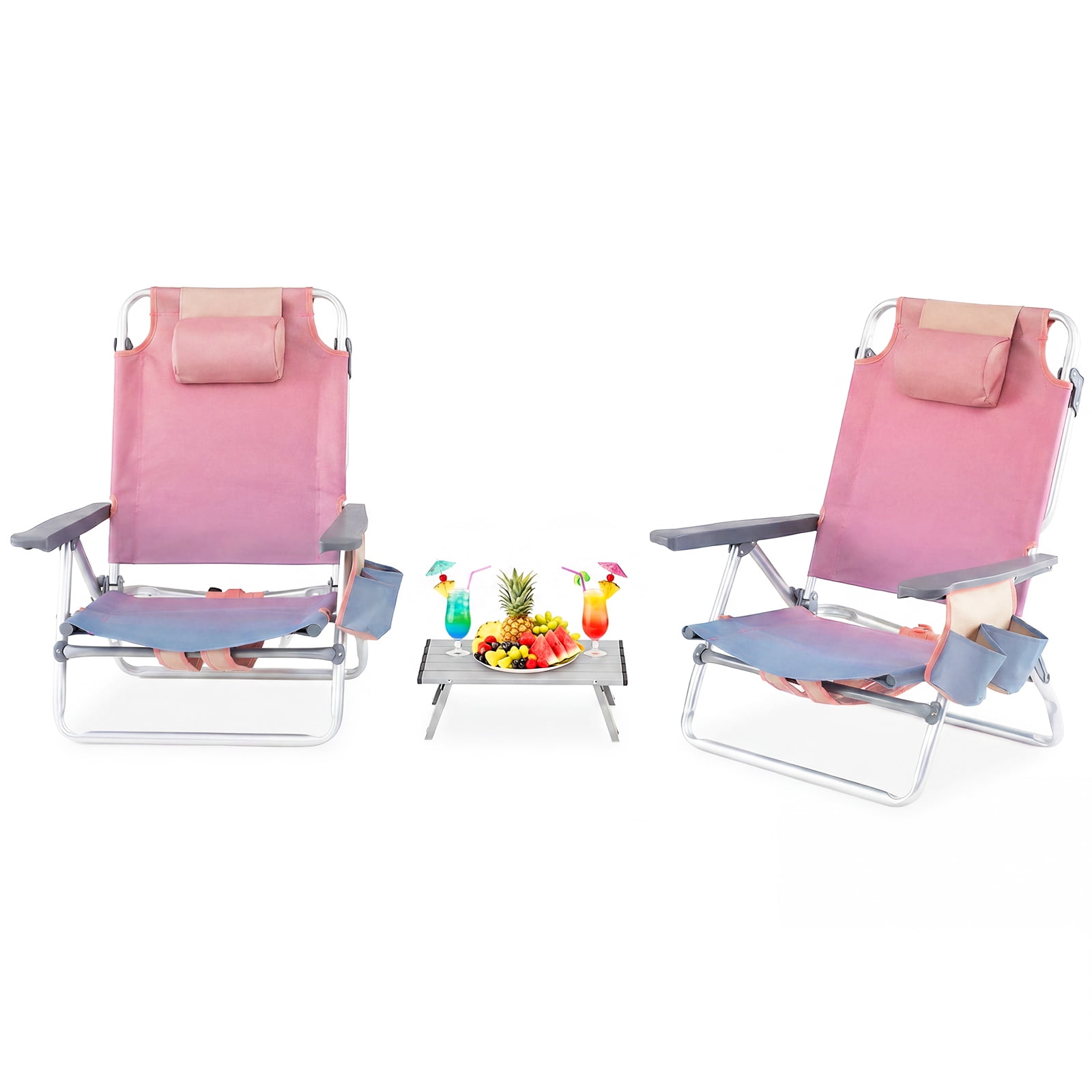 Gymax 3-Piece Outdoor Camping Set, 2 Folding Beach Chairs & Portable Aluminum Side Table, 5-Level Adjustable Backrest (Pink) mruq7