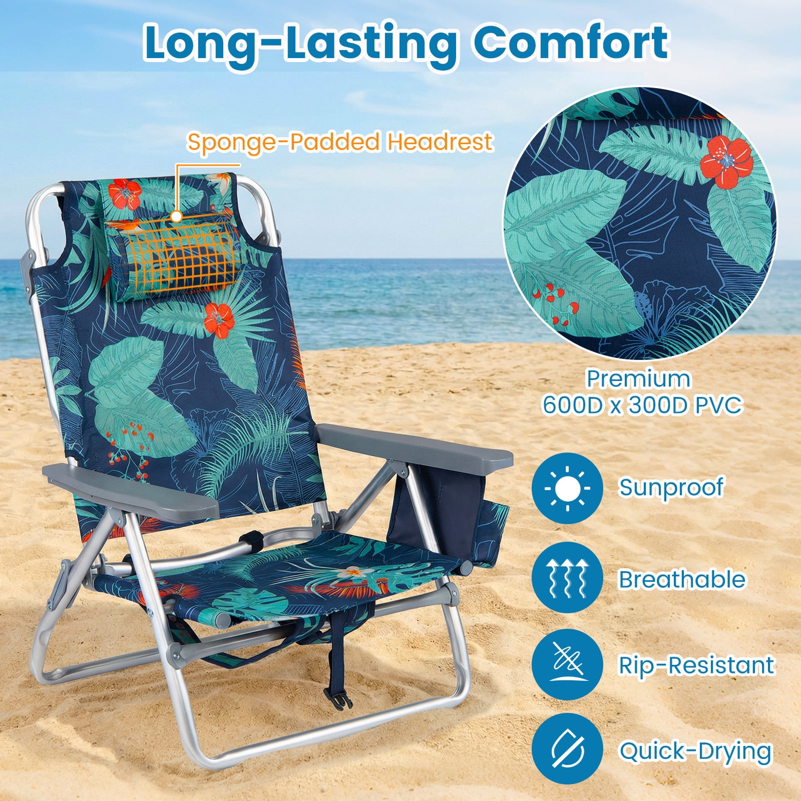 Costway Folding Beach Chairs Set of 2 with 5-Position Adjustable Backrest and Cup Holder (Tropical Leaf, 2 Pack) 1fxak