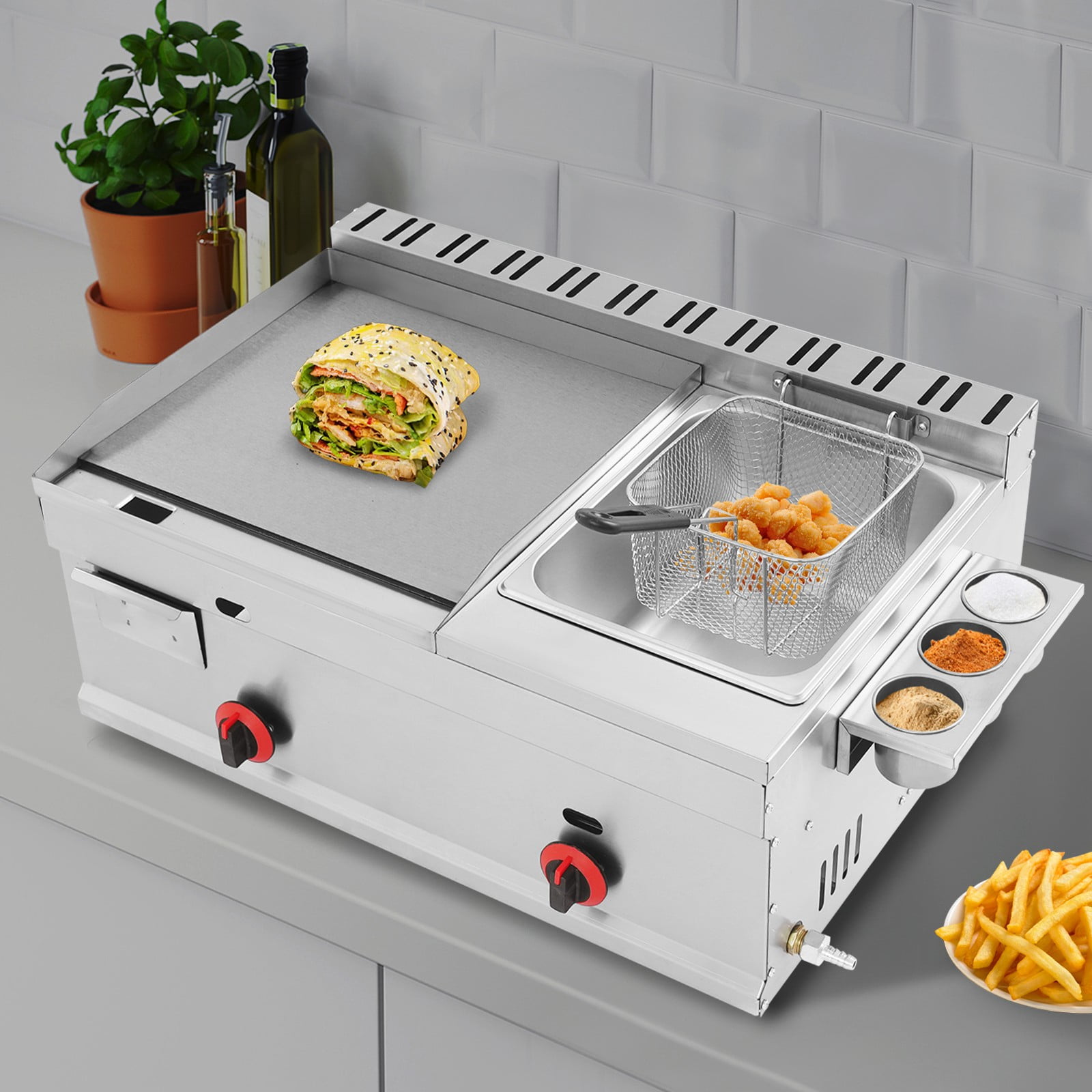 Generic Commercial Gas Propane Flat Top Grill Griddle with Deep Fryer (Silver, 1.59 gal Oil Capacity) 2m6r3