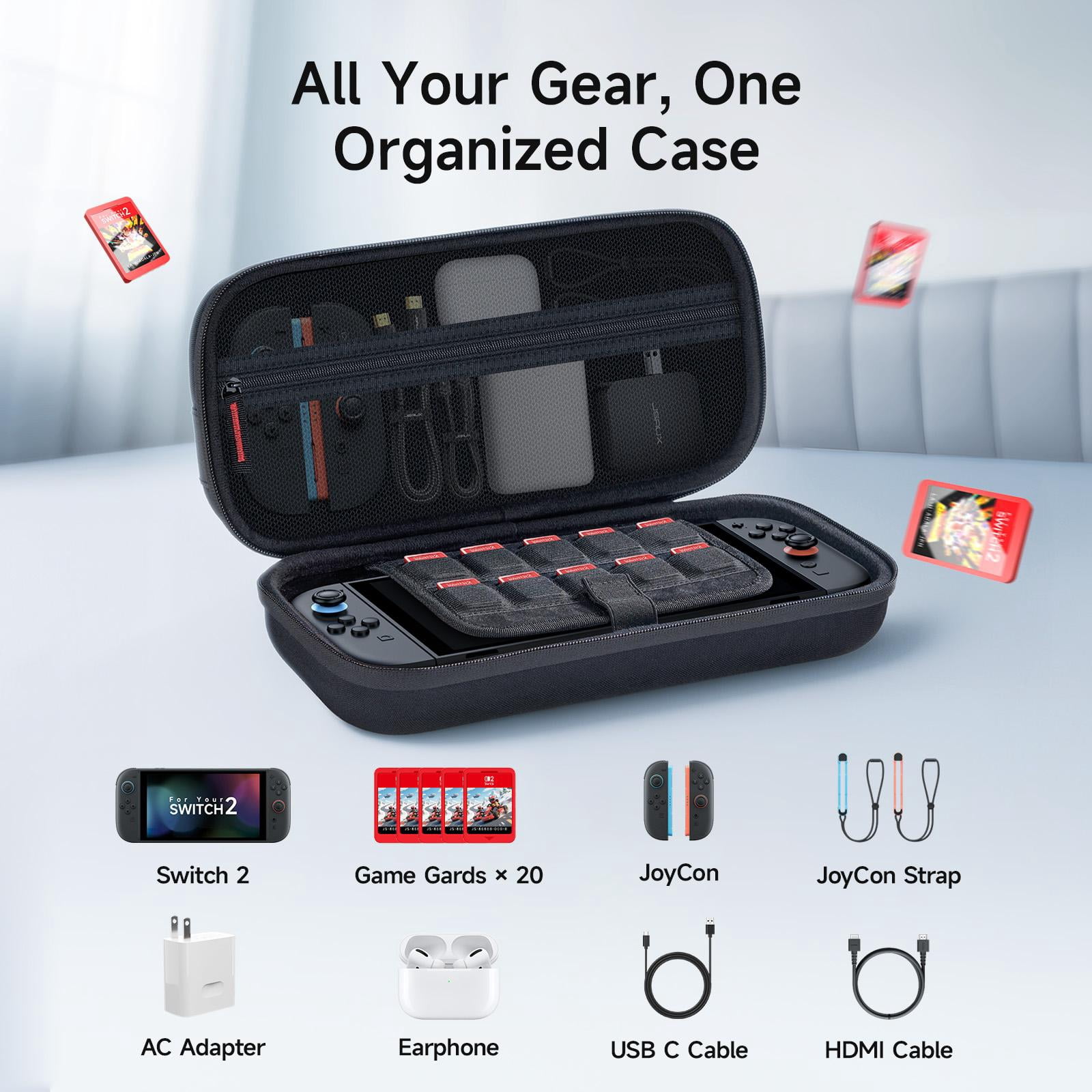 JSAUX Carrying Case for Nintendo Switch 2, Hard Shell Travel Organizer with 20 Game Card Slots (Black, 12.5 in x 5.5 in x 3.5 in) 9ig7m