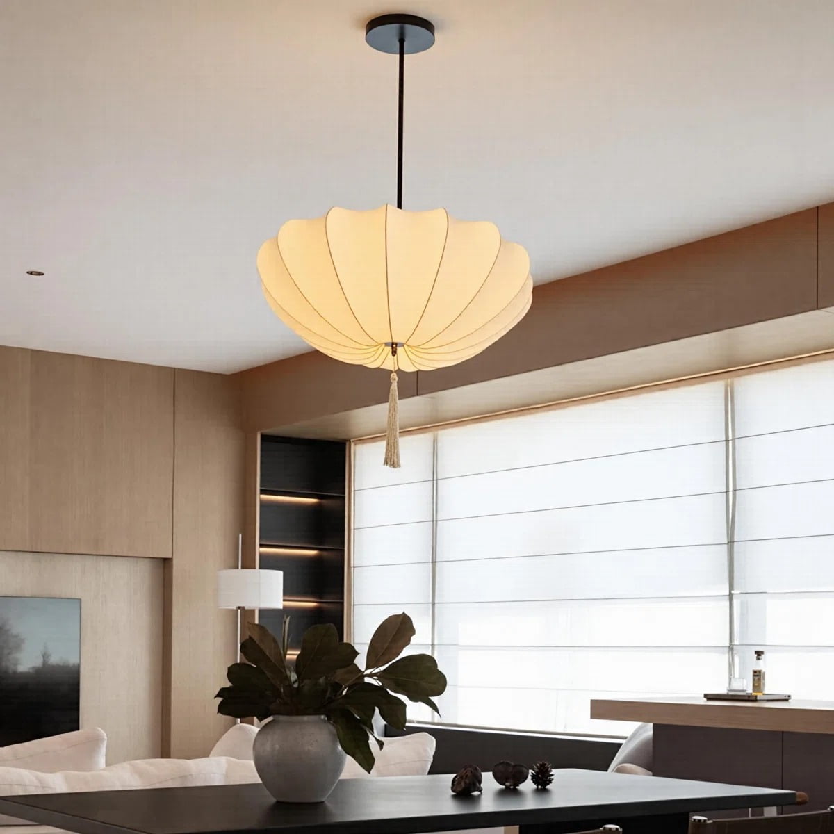 Viaurbe Japanese Minimalist Fabric Shade Chandelier with Iron Frame (Round, 18 in) 4kf1h
