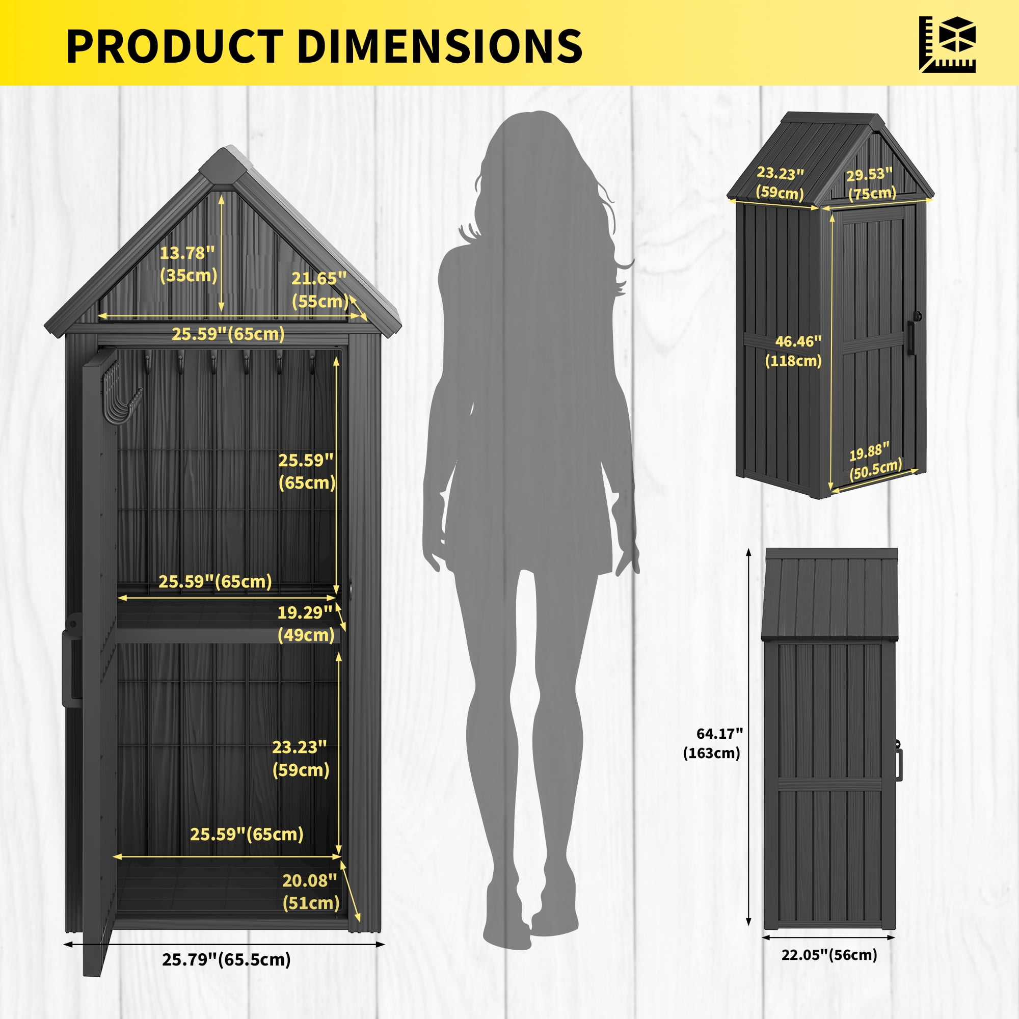 Bifanuo Outdoor Storage Shed, Weatherproof Garden Tool Cabinet with Shelves and Hooks (Black, 47.5 in x 72.9 in x 81.9 in) 39njr