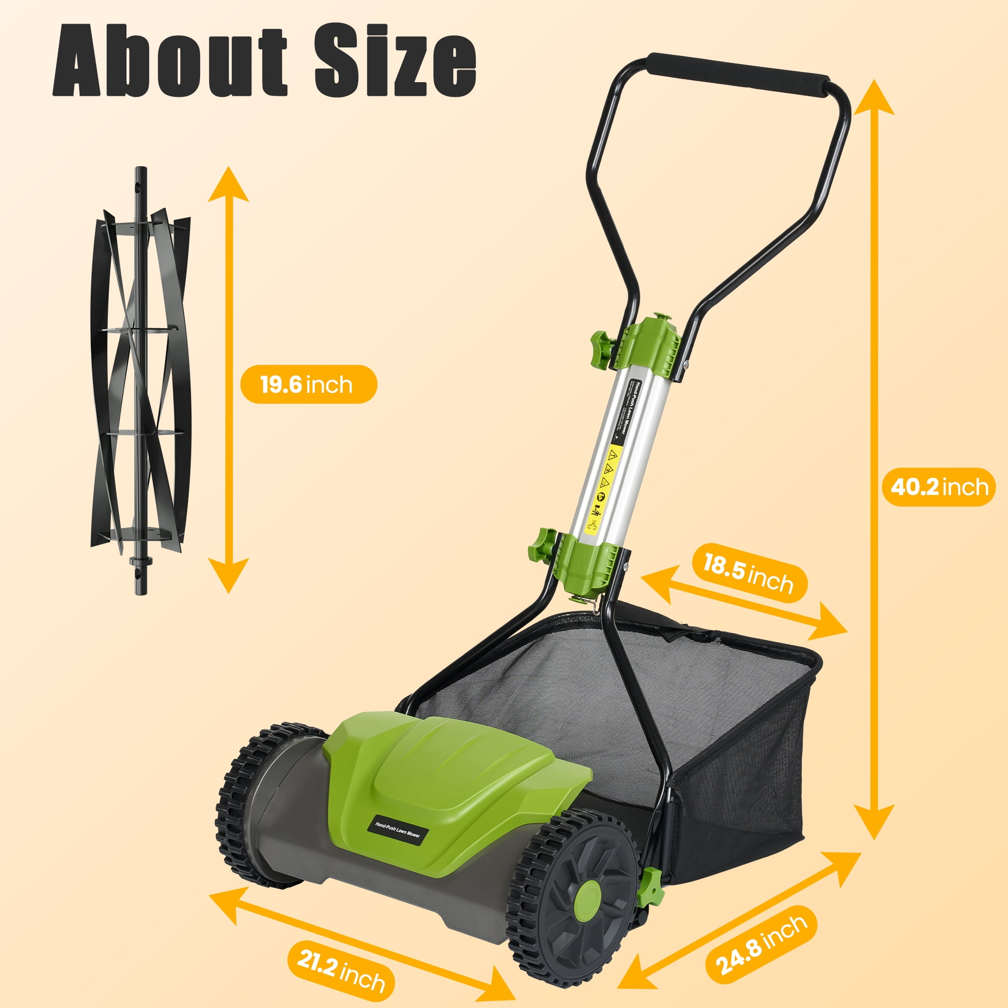 Naipo Manual Push Reel Lawn Mower, 16-in Cutting Width, 5-Blade System, 6 Adjustable Heights, Includes 8-Gallon Grass Catcher (Green) 9na7t