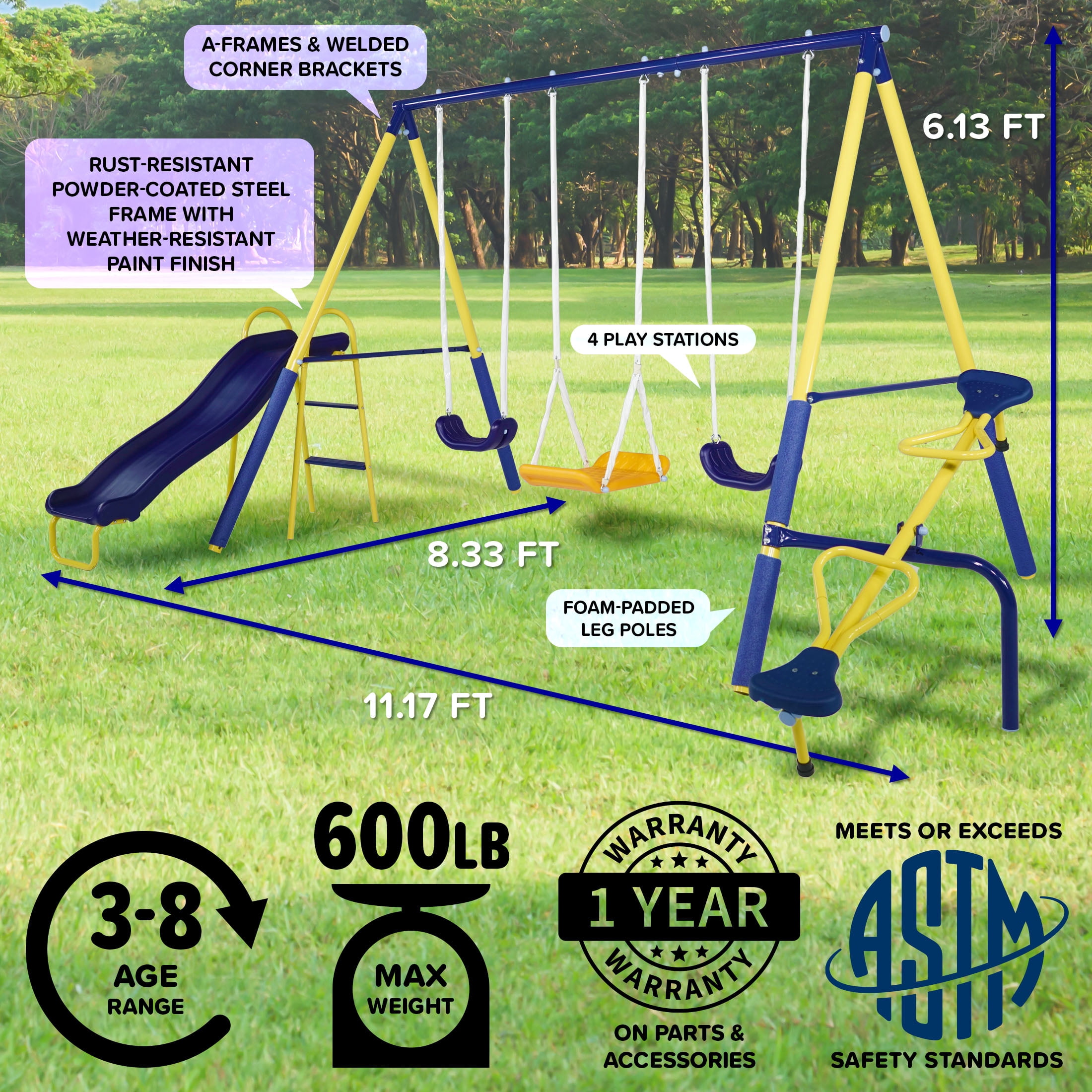 Sportspower Palmview Metal Swing Set with Teeter-Totter, Standing Swing, and 5 ft Slide (Blue) a4h6a