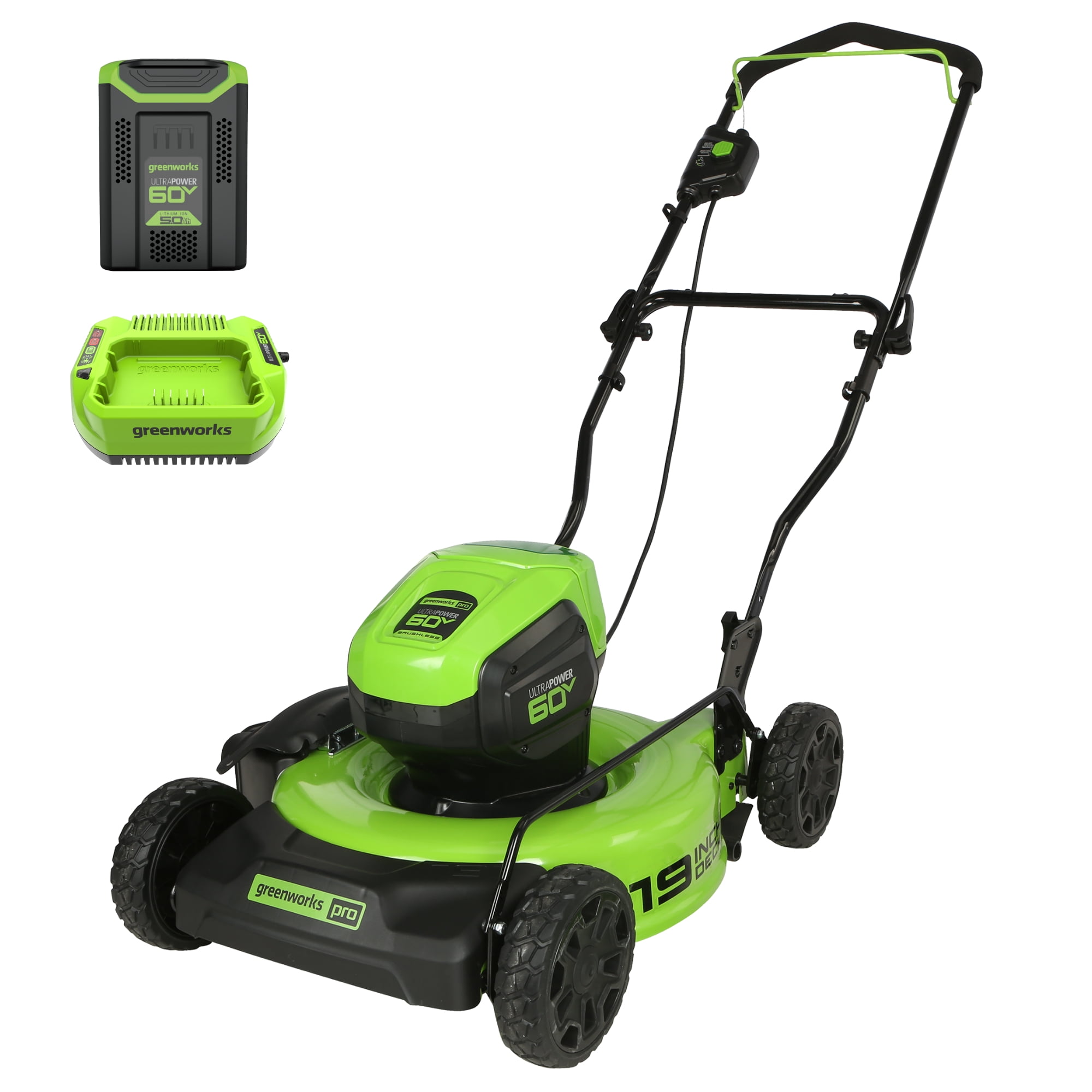 Greenworks 60V 19 in Cordless Battery Push Lawn Mower with 5.0Ah Battery and Charger (Green, 19 in) 1kmbd