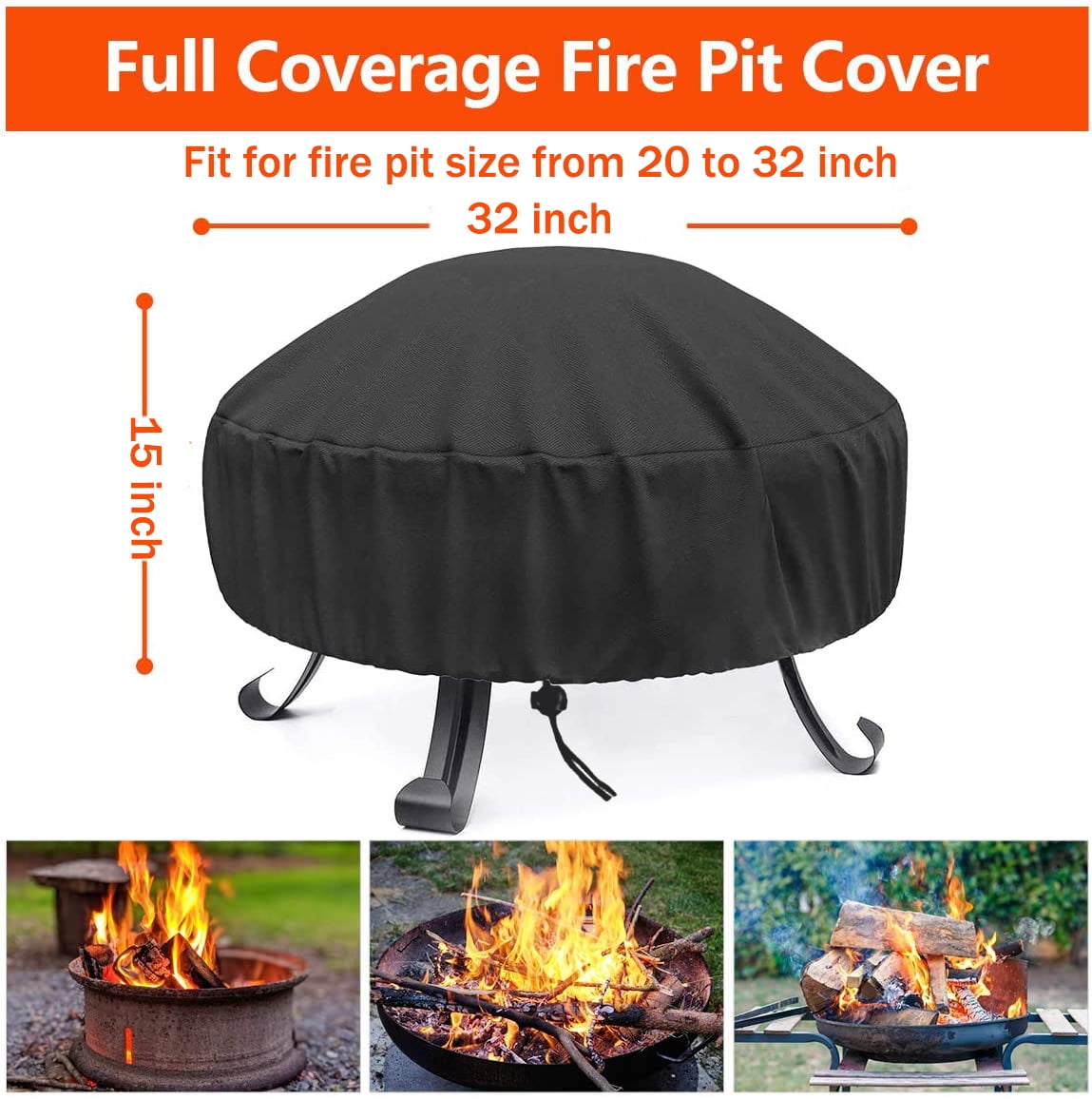 Dinosam Round Fire Pit Cover for Outdoor Gas Fireplaces, Waterproof and UV-Resistant Heavy-Duty Protection (Black, 32 in x 15 in) tett8