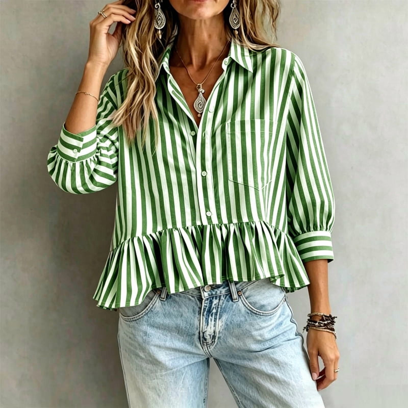 MORTTIC Women's Striped Ruffle Hem Babydoll Blouse (Green, Small) ls9pf