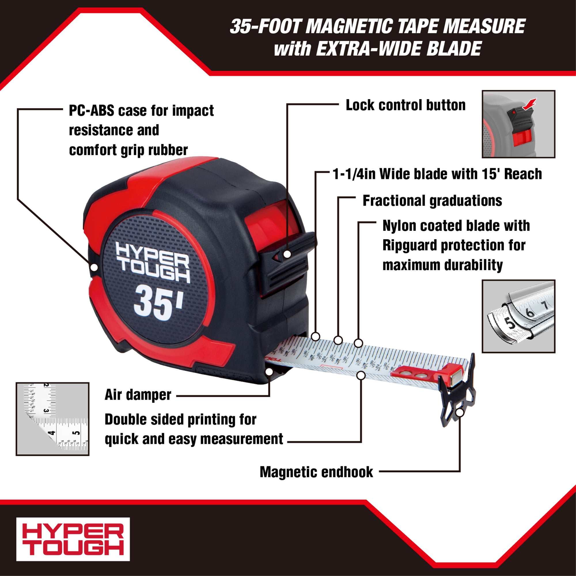 Hyper Tough Magnetic Tape Measure, Heavy-Duty Retractable Blade with Locking Mechanism (Red, 35 ft) wljo0
