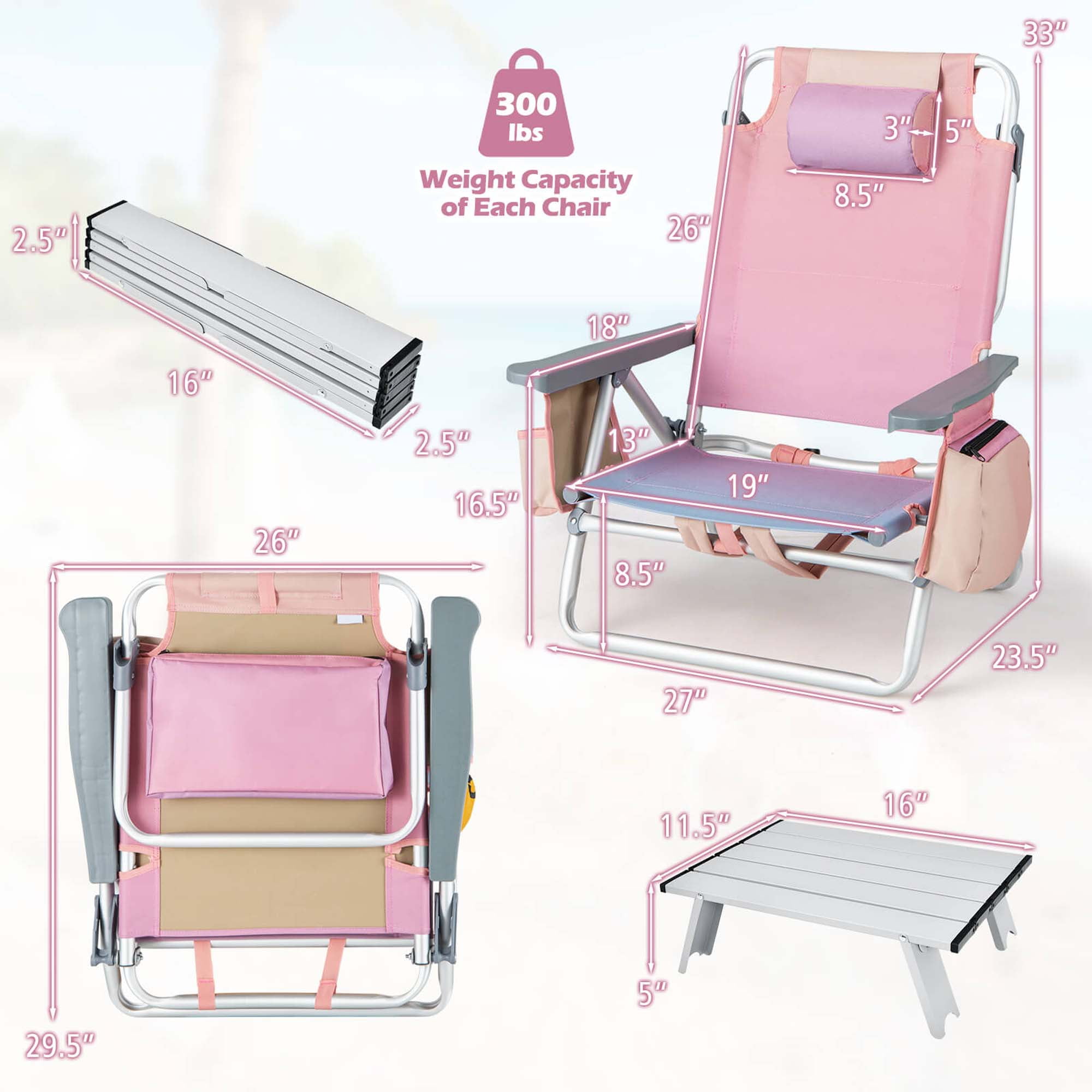 Costway 2-Pack Folding Backpack Beach Chair and Table Set with 5-Position Reclining (Pink) yajnw
