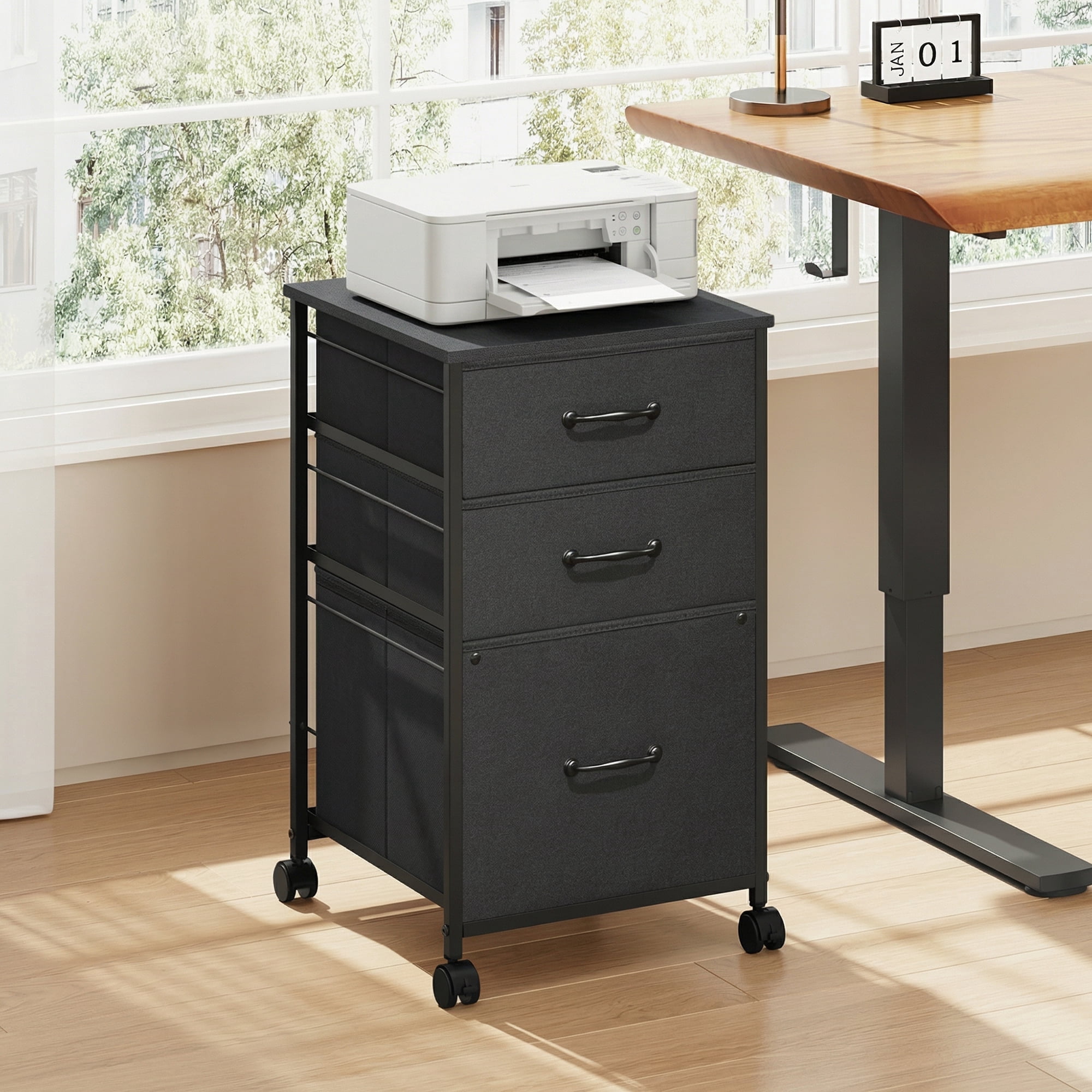 GALAXHERO 3-Drawer Rolling File Cabinet for Home Office, Vertical Printer Stand with Fabric Storage (Black) nbdx2