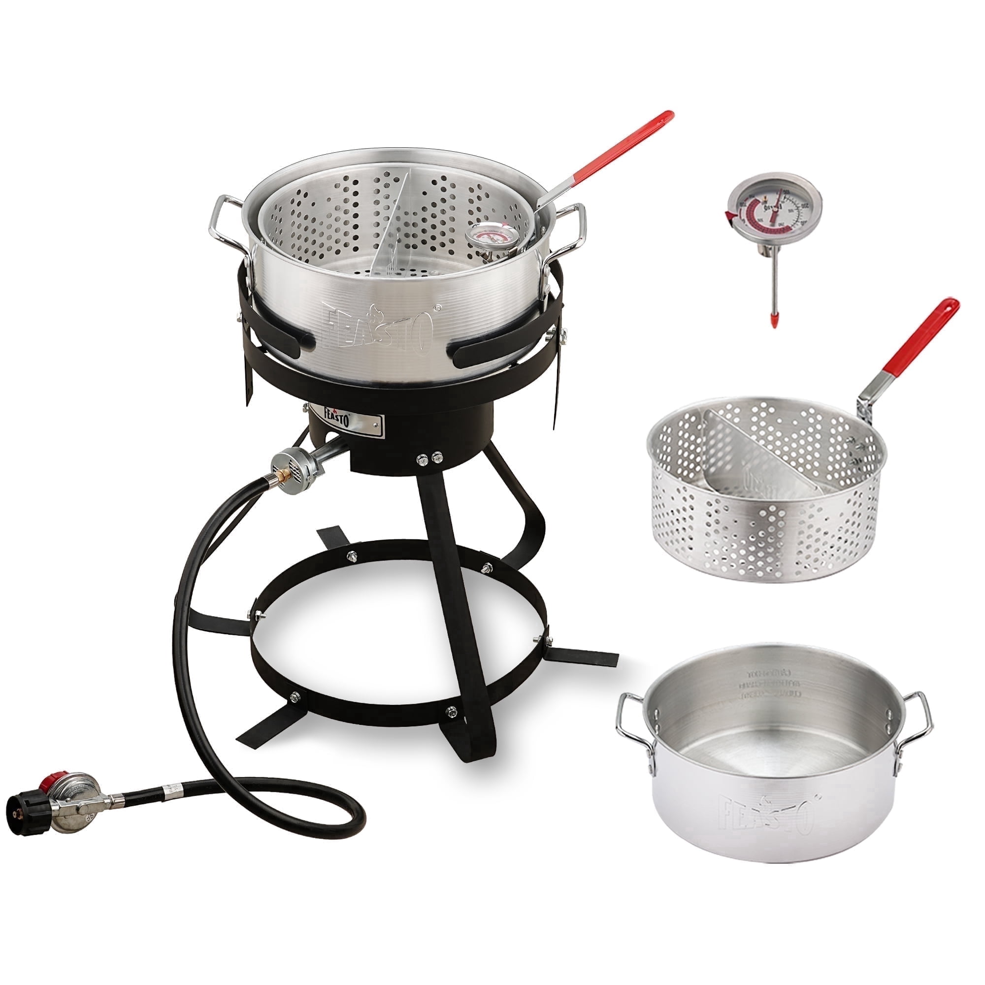 Feasto Outdoor Propane Gas Fish Fryer Pot Kit with Strainer Basket and 50,000 BTU Burner (Silver, 10 qt) fxjcn