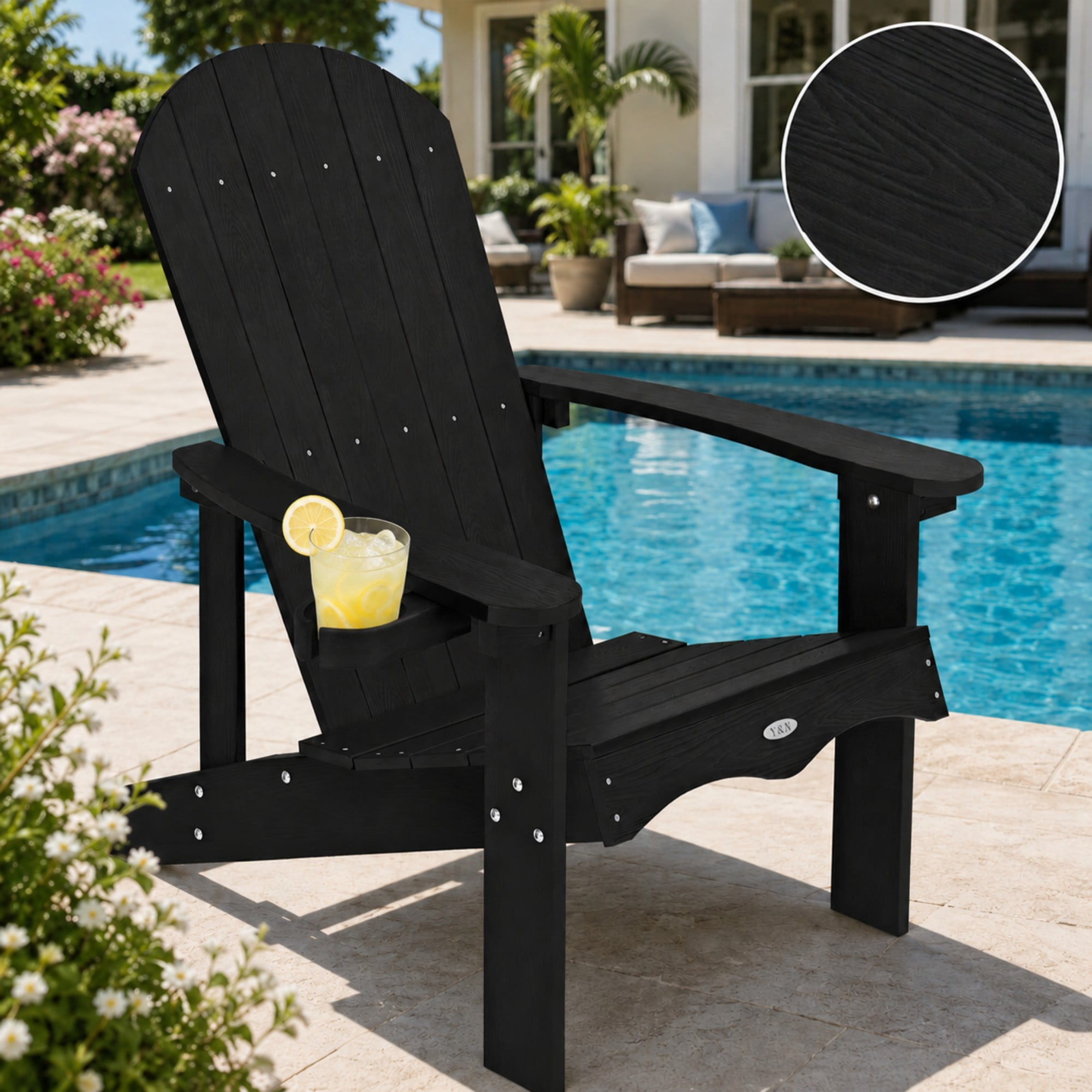 Y&M Adirondack Chair, Weather Resistant HDPE Outdoor Patio Seat with Rotating Cup Holder (Black, 1-Pack) ntebp