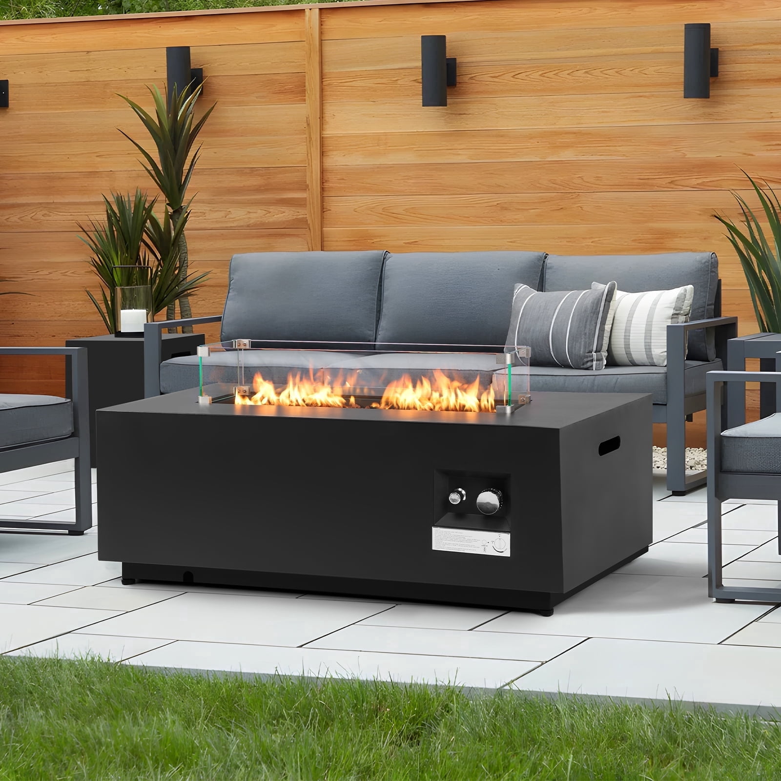 ReeQuo 42 in Rectangle Propane Fire Pit Table with Lid, Wind Guard, and Tank Hideaway (Black, 42 in) kio97