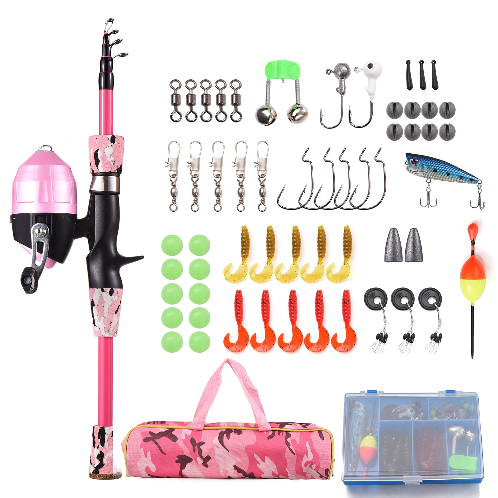 Eccomum Telescopic Fishing Rod and Spincast Reel Combo with Tackle Kit (Pink, 5 ft) dsf37